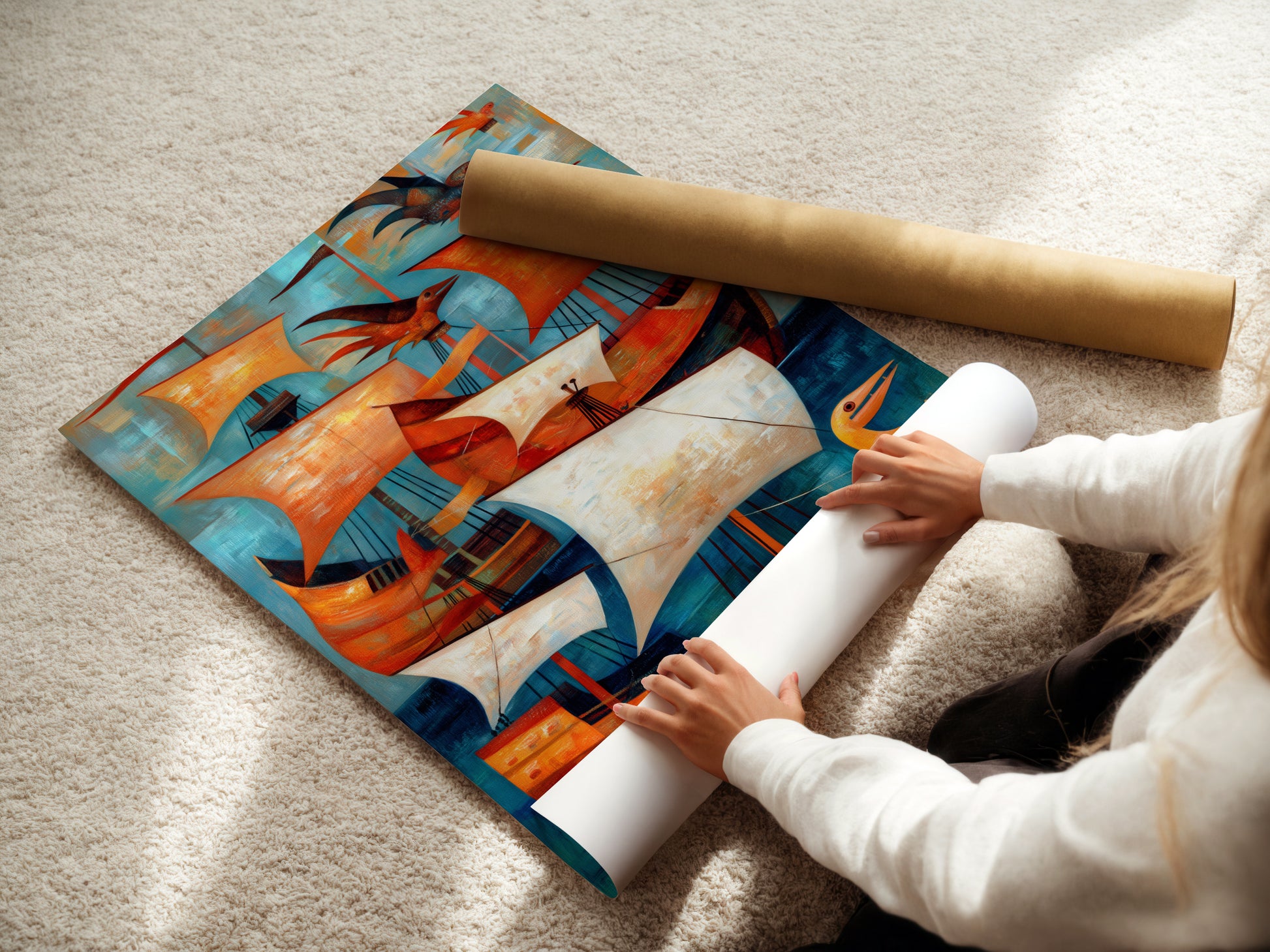 A woman is carefully rolling a fine art poster paper print. This nautical artwork features vintage ships in teal and orange. Ideal for coastal modern or eclectic decor. Perfect for living rooms bedrooms or offices. Explore poster print options.