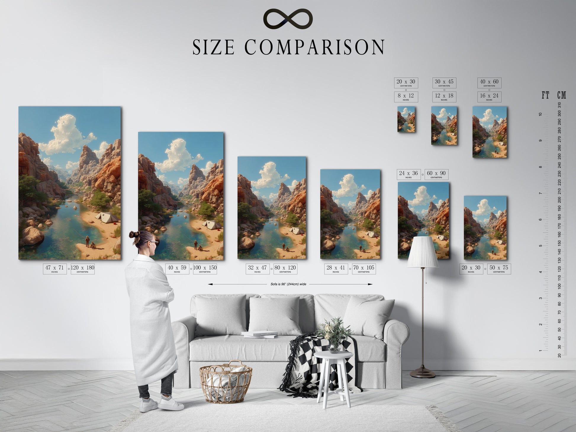 A size comparison chart displayed in an interior setting. Compare different sizes to find the perfect fit. The art chart helps visualize artwork dimensions. See how the sizes look on a wall. This chart helps you make informed decisions. Visualize now