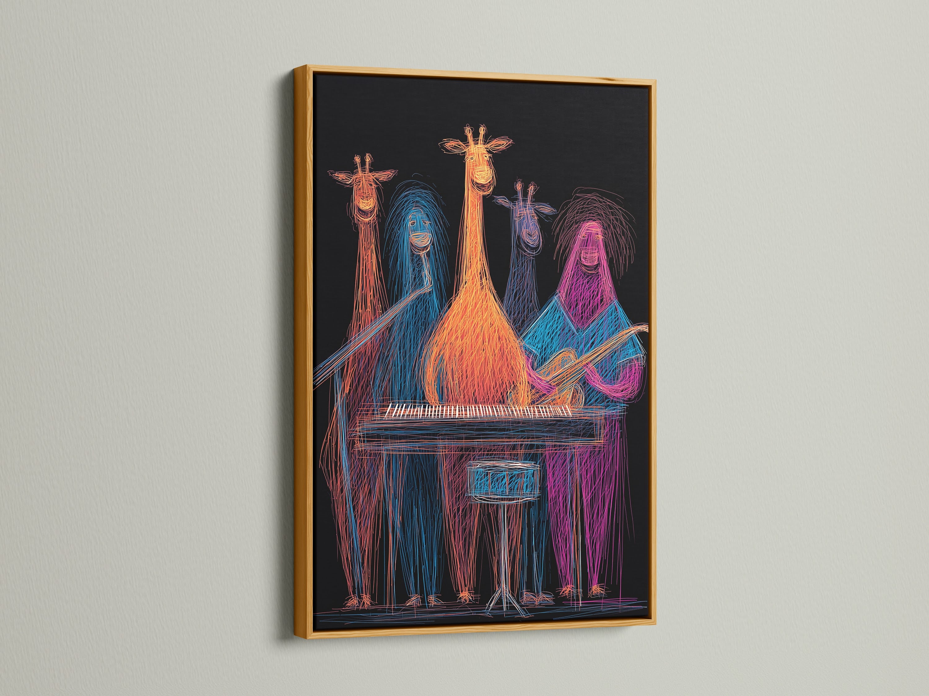 The gold frame showcases the giraffe band art. It is colorful music wall decor. The neon animal musicians print is vibrant. Ideal for a music studio or kids' room. This animal band canvas is quirky. It adds a playful touch. Discover funky animal prints.