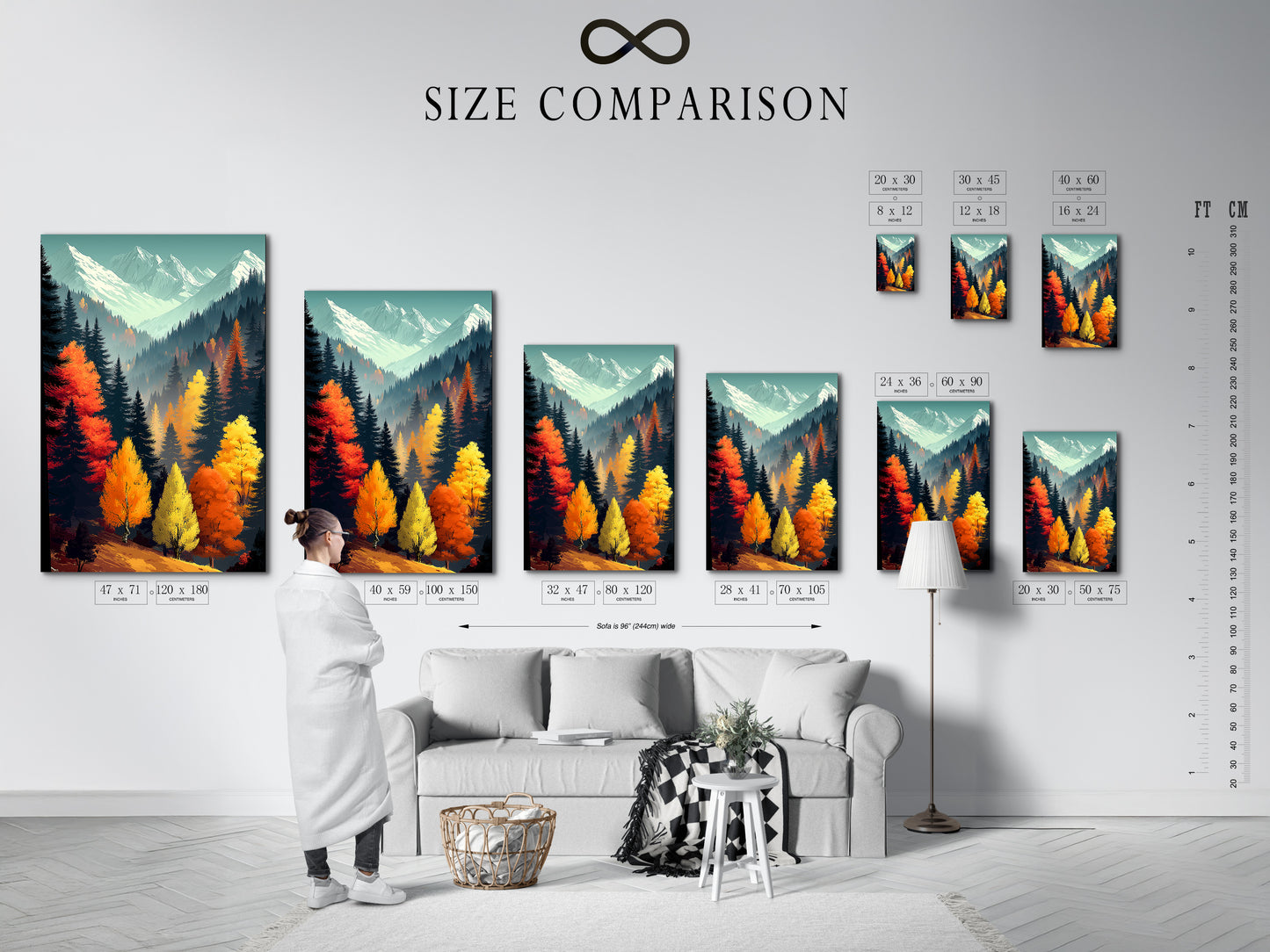 Size comparison chart in an interior setting. It showcases the Autumn Forest artwork in various dimensions. See how this mountain landscape wall art fits your space. Visualize the impact of fall colors in your home or office easily.