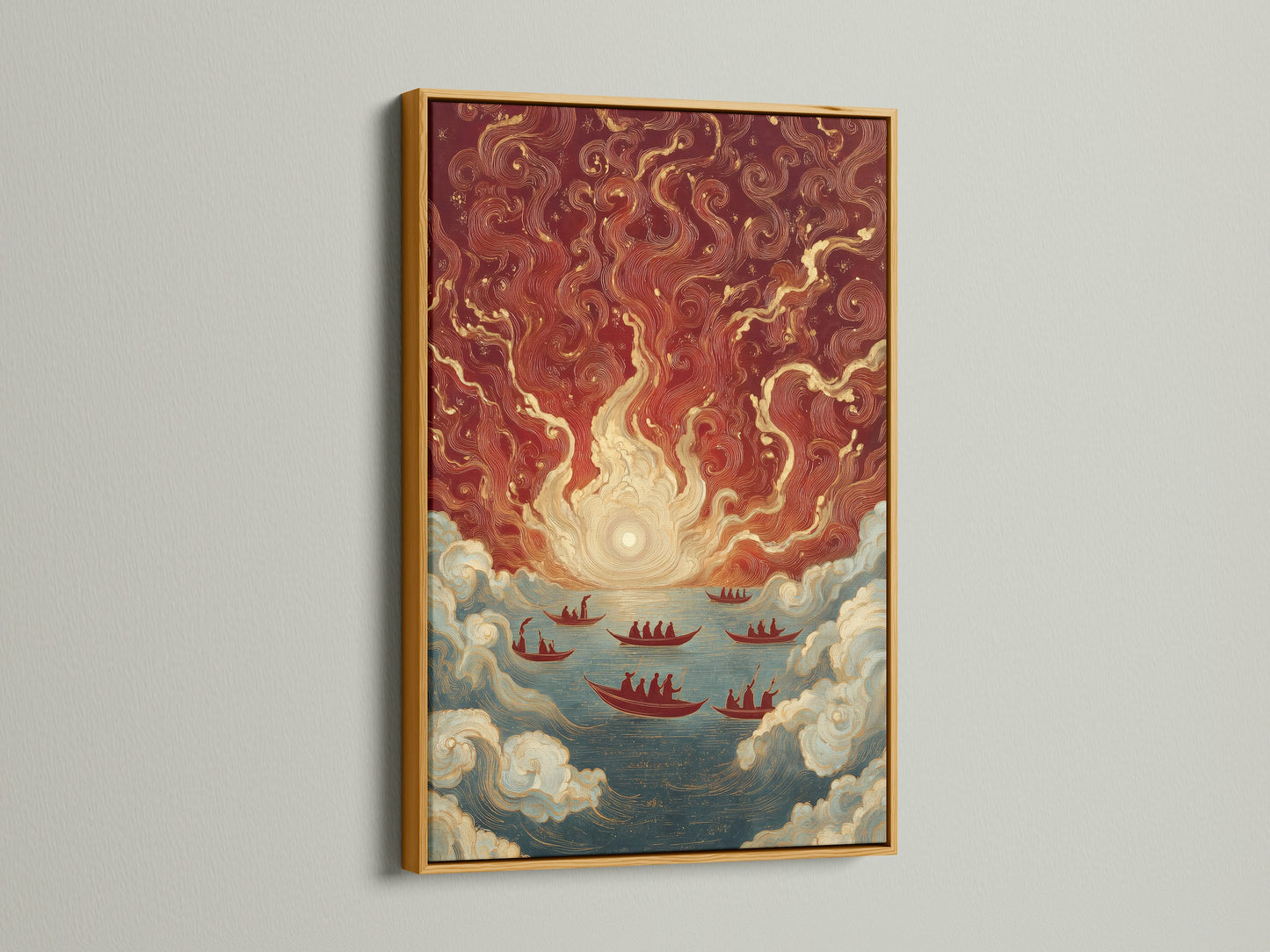 Bring a touch of luxury with Asian Maritime artwork in a gold frame. This vintage sea art showcases traditional Chinese ships. Its red and gold colors create a stunning nautical accent. Enhance your coastal or tropical style.