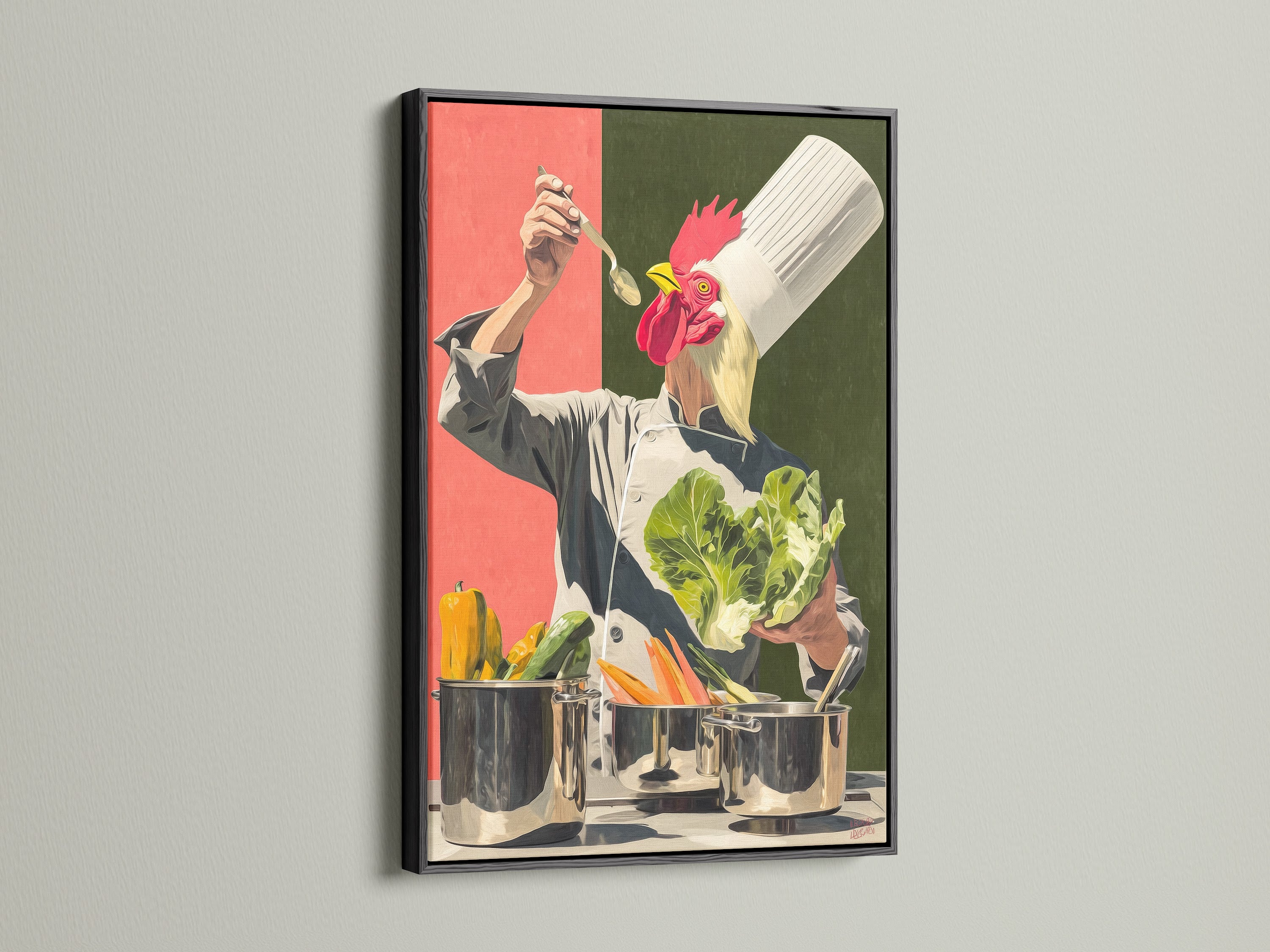 Chef Rooster wall art in a sleek black frame. This culinary themed artwork is ideal for restaurants. It makes a fantastic gift for chefs. The canvas print adds a contemporary flair. It is perfect for dining areas. The artwork features a rooster chef print.