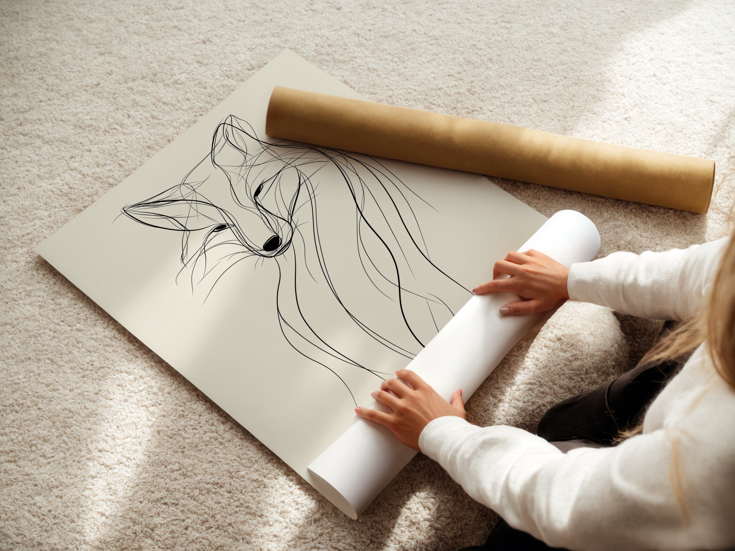 A woman carefully rolls a fine art poster paper. The paper displays minimalist fox line artwork. This highlights the care in handling fine art. The modern wildlife print is ready for framing. It will enhance any interior with its clean lines and neutral tones.