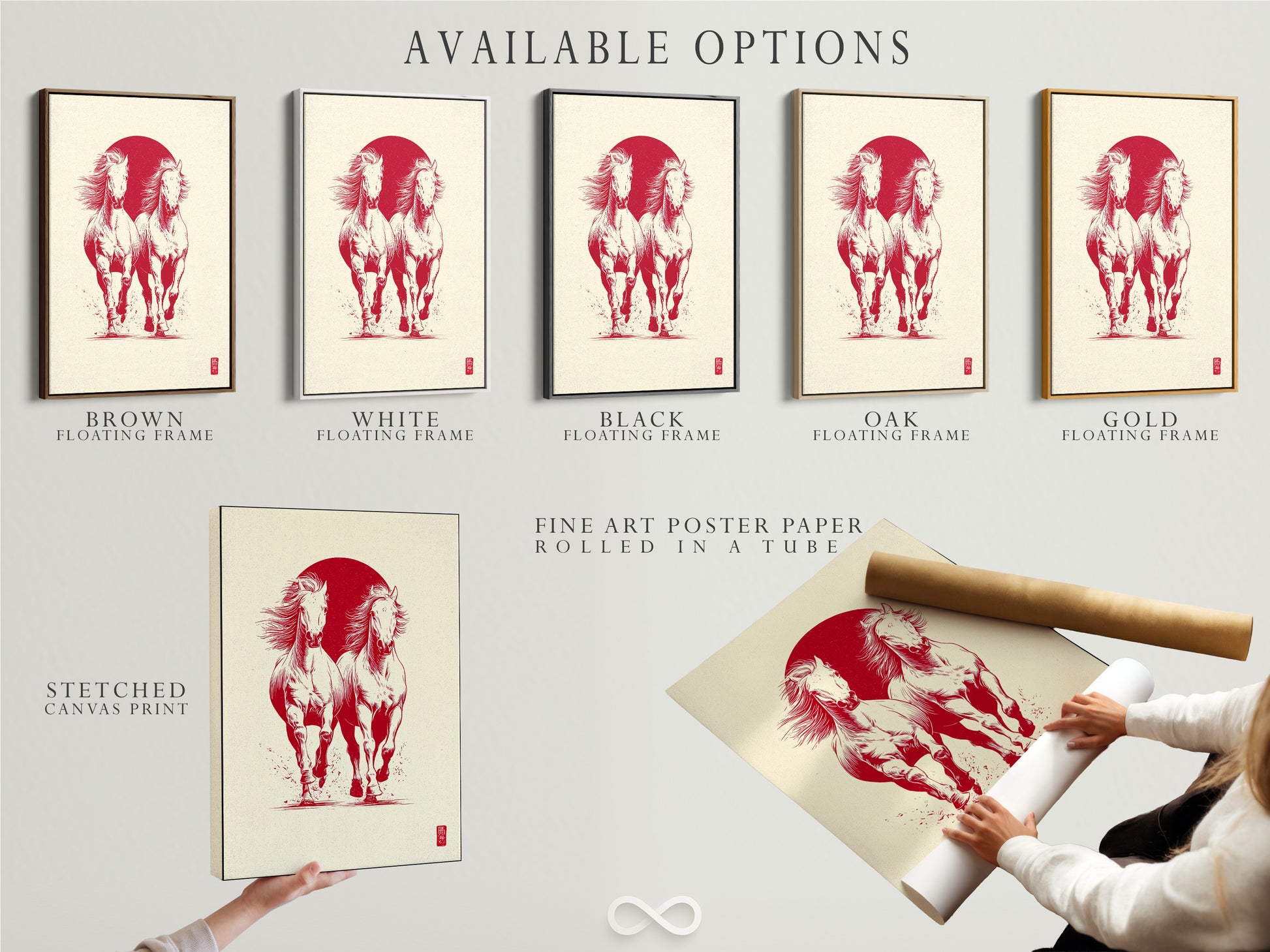 Available options are showcased. Stretched canvas print fine art poster paper and floating frame. Customers can choose the perfect format to suit their style. This allows customers to match their home decor.