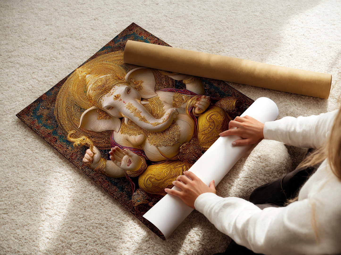 Woman rolling a fine art poster paper. The woman is carefully rolling a fine art poster paper. This protects it from damage. Fine art posters are a great way to decorate your space. They offer an affordable way to collect art.