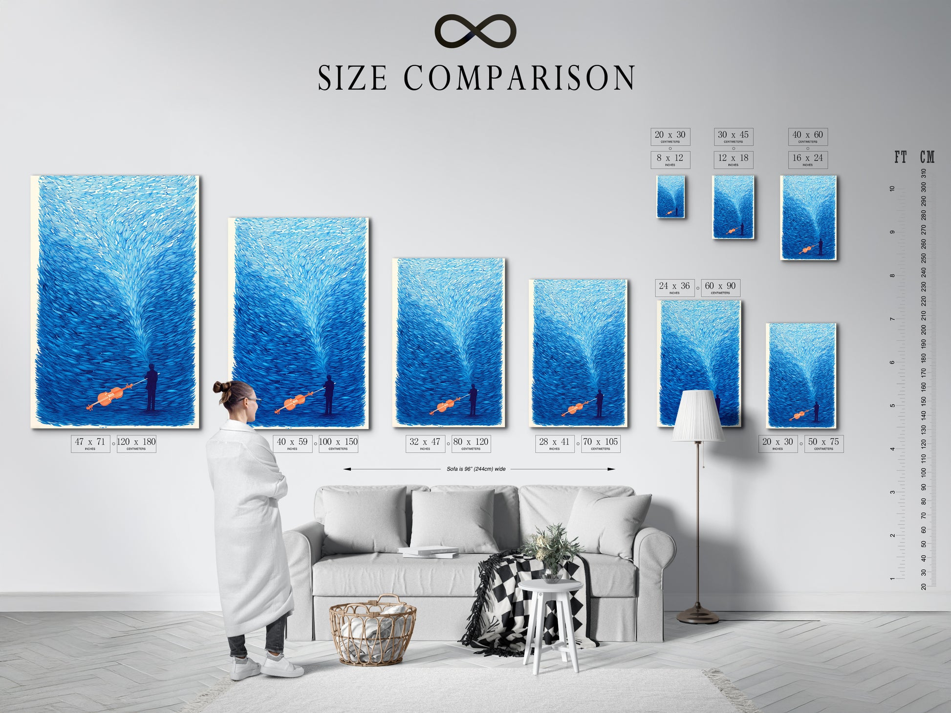 A size comparison chart in an interior setting. It helps visualize the musical artwork dimensions. See how the surreal violin wall art fits in various spaces. The indigo blue art print is perfect for music rooms studios and living areas.