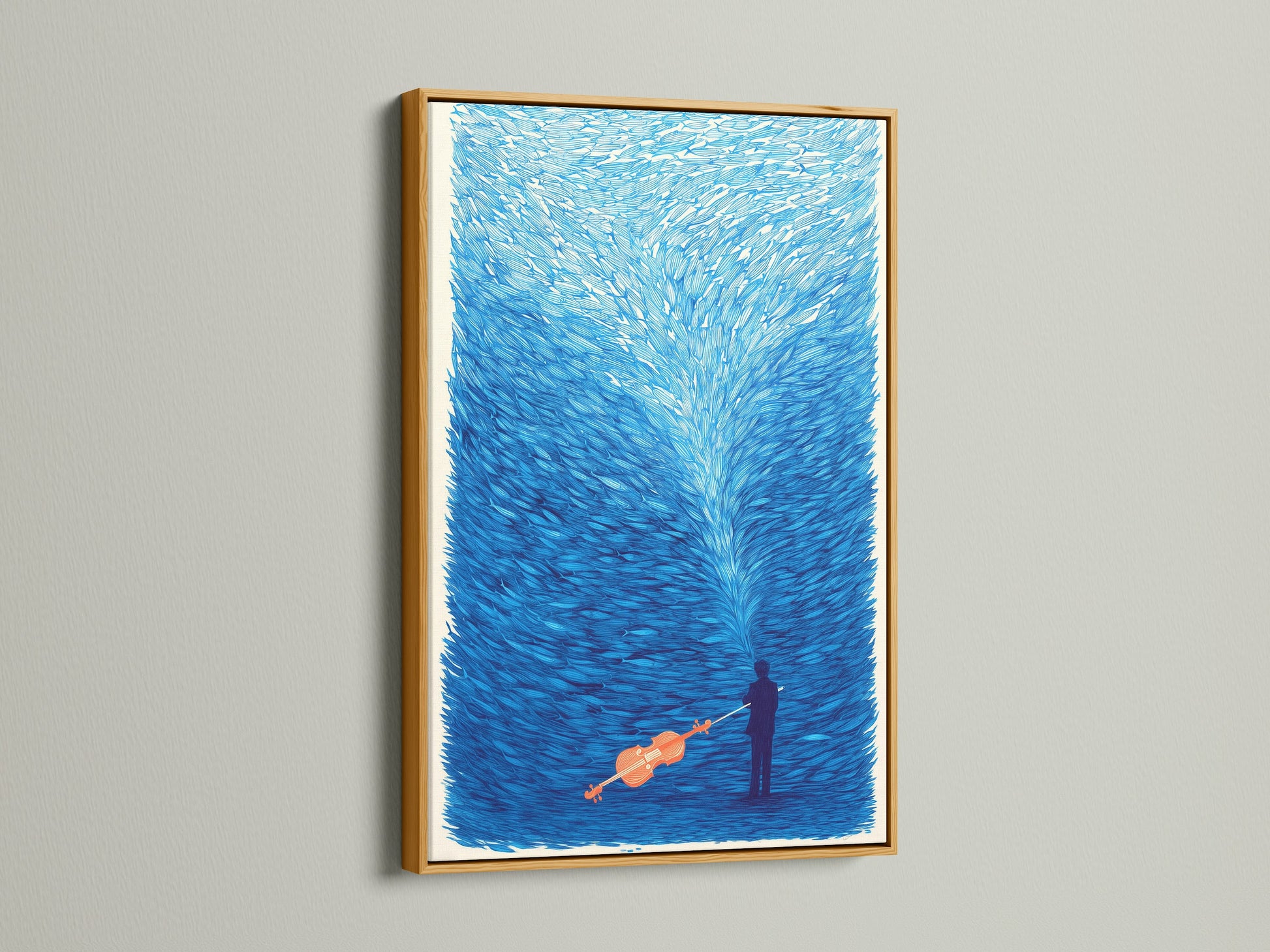 A musical canvas print is gorgeously framed in gold. The gold frame enhances the richness of the surreal violin wall artwork. The indigo blue art print adds a luxurious touch to any space. Its a perfect gift for musicians and art lovers.