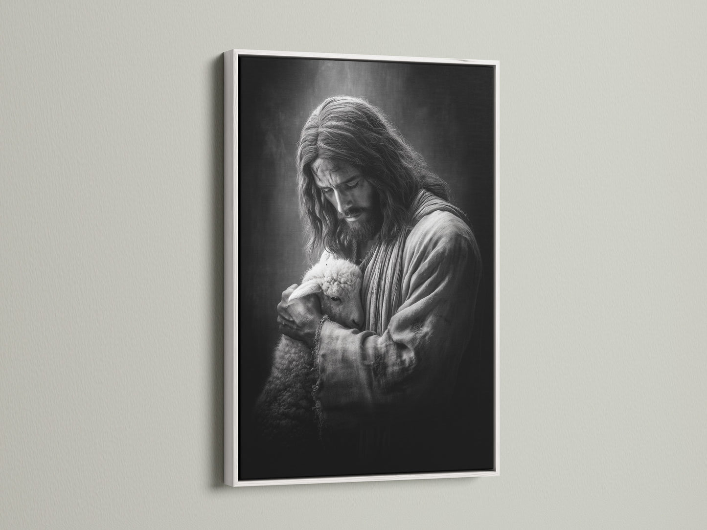 Artwork of Jesus holding a lamb is displayed in a white frame. The white frame offers a clean and modern aesthetic. This frame enhances the artwork's beauty. It seamlessly integrates with any interior setting. Perfect for minimalist decor.