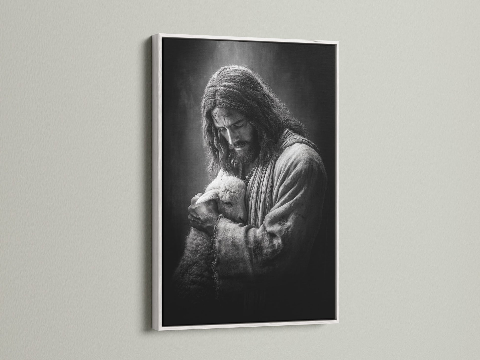 Artwork of Jesus holding a lamb is displayed in a white frame. The white frame offers a clean and modern aesthetic. This frame enhances the artwork's beauty. It seamlessly integrates with any interior setting. Perfect for minimalist decor.