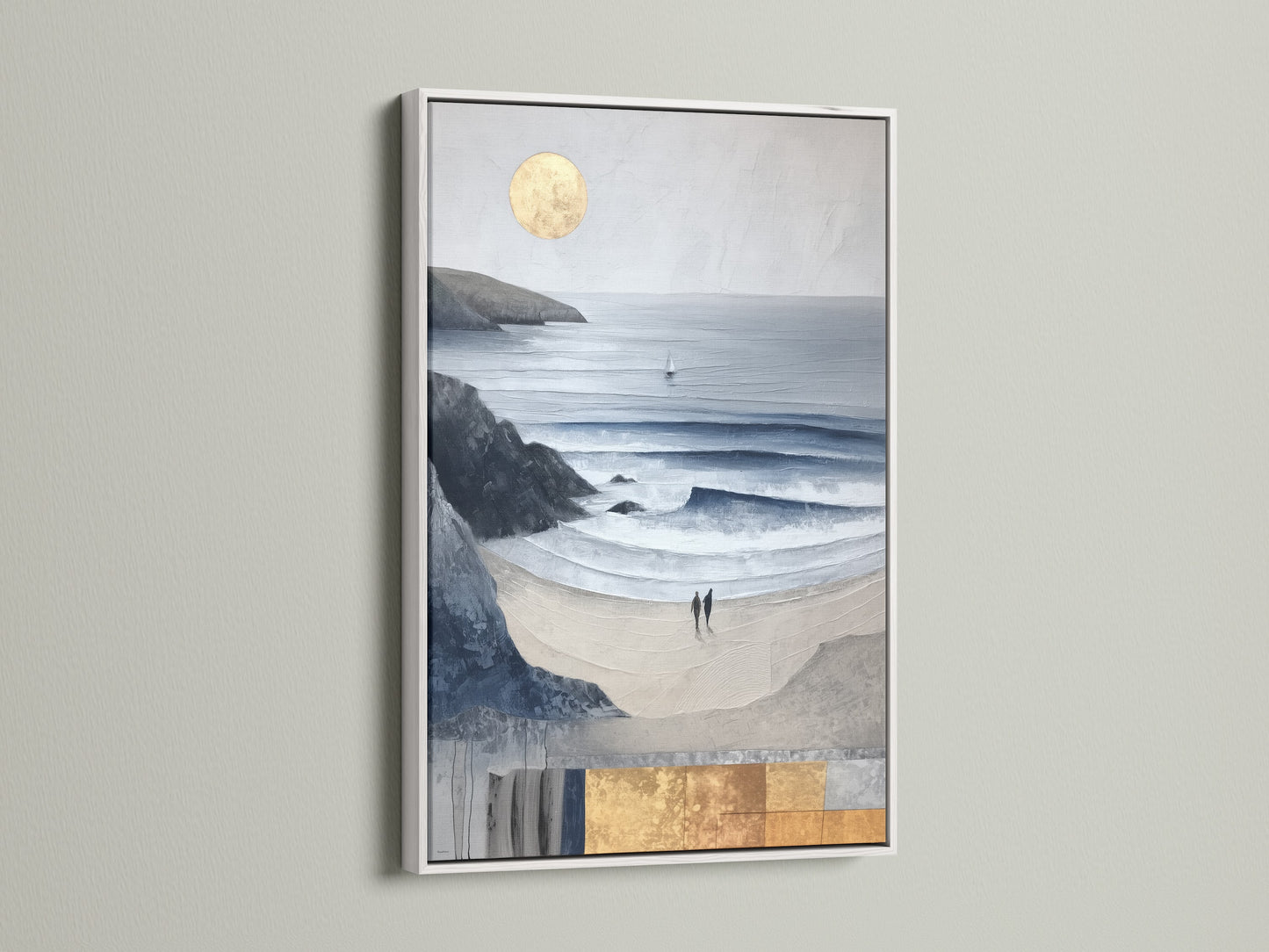 A white frame showcases a serene beach wall art. This ocean canvas adds calming artwork to any room. Its a versatile modern art print. The white frame highlights the blue gray art within.