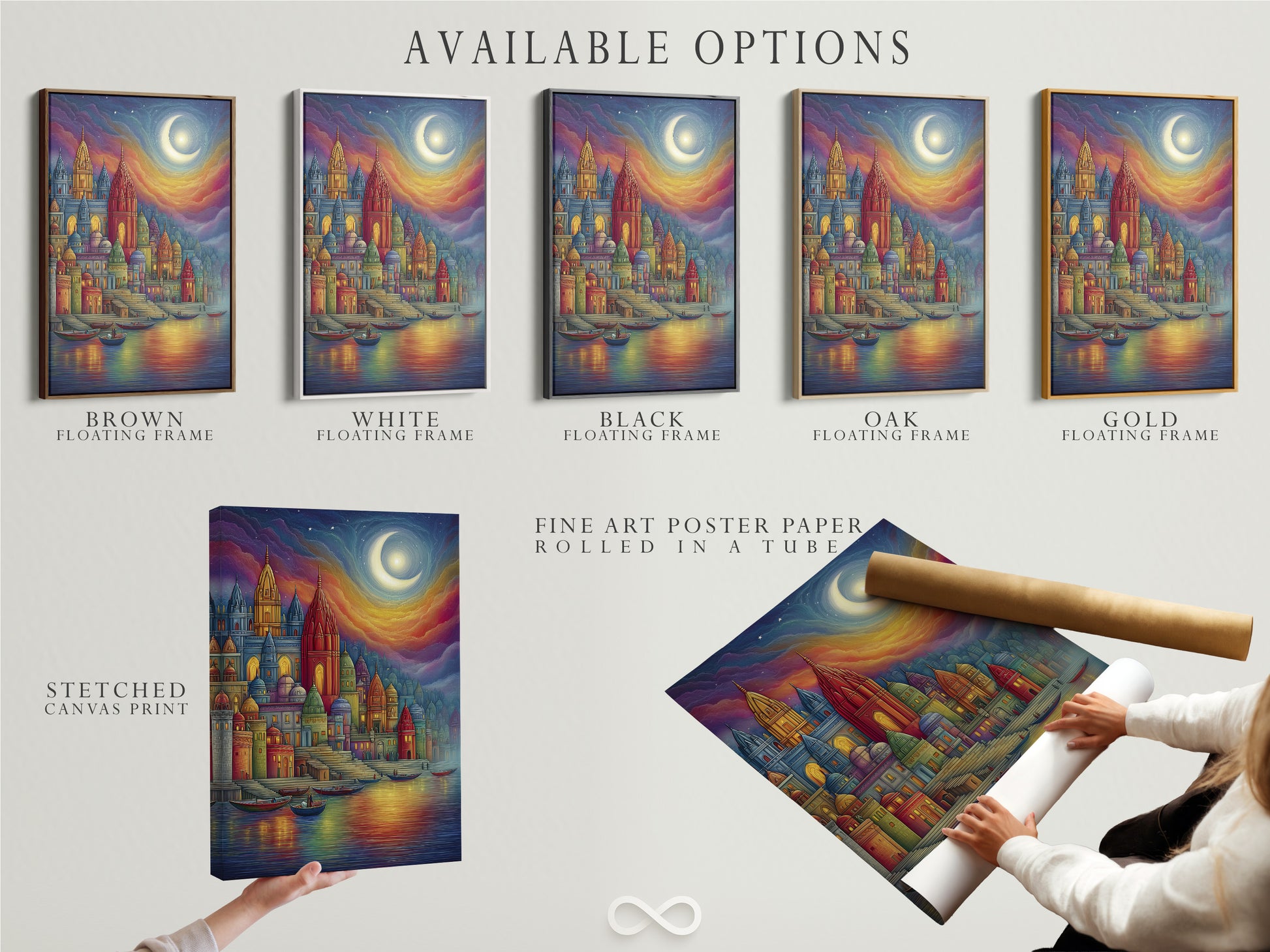 Available options for fantasy castle artwork. Choose from stretched canvas print fine art poster paper or floating frame. The colorful medieval architecture is vibrant. It's a whimsical fairytale piece. Elevate your space with this art.
