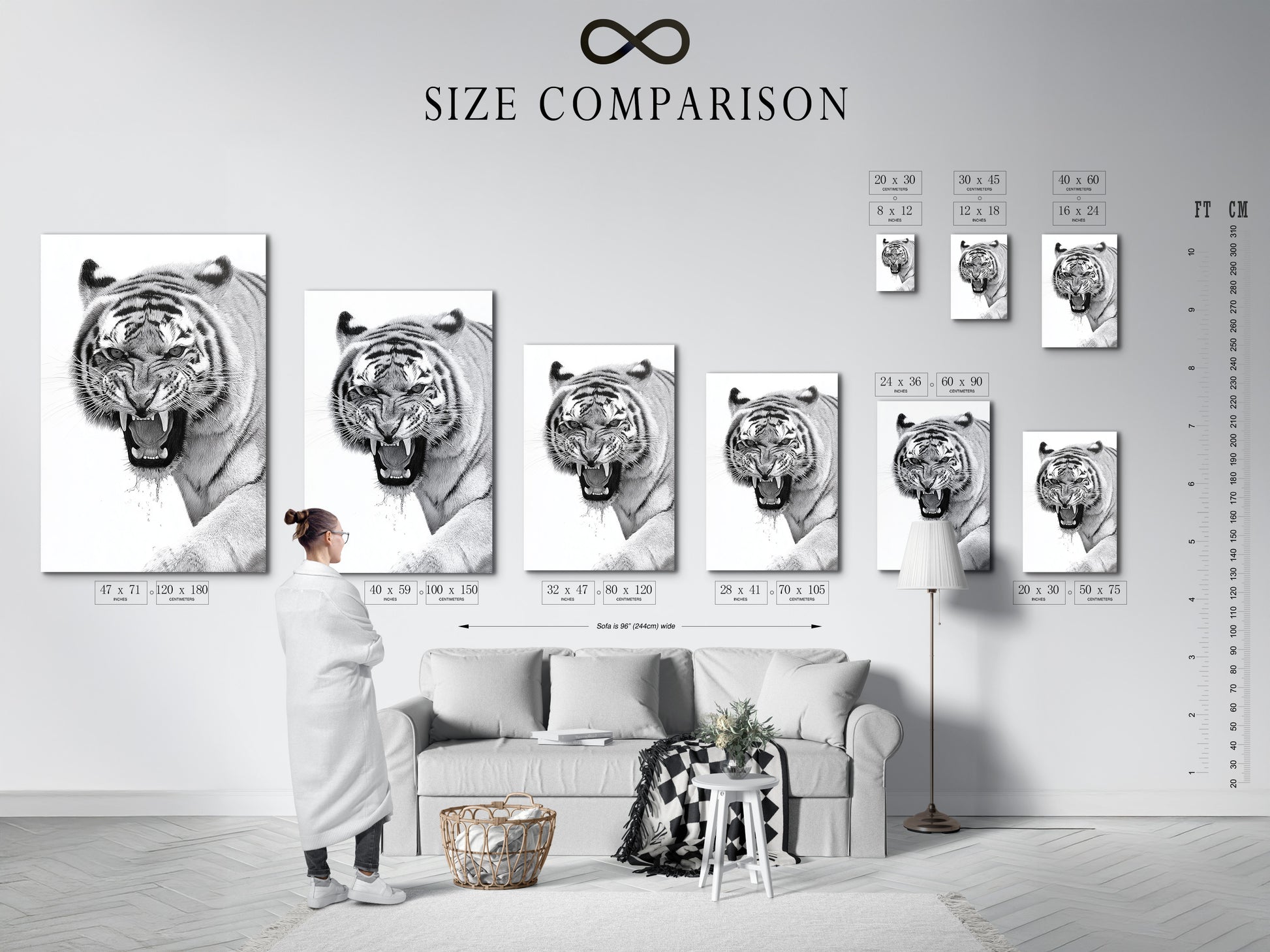 A size comparison chart is displayed in a stylish interior. This chart helps visualize the artwork. It assists in choosing the perfect size for your space. This ensures the artwork complements your room. It helps you make an informed purchasing decision. Plan your space with confidence.