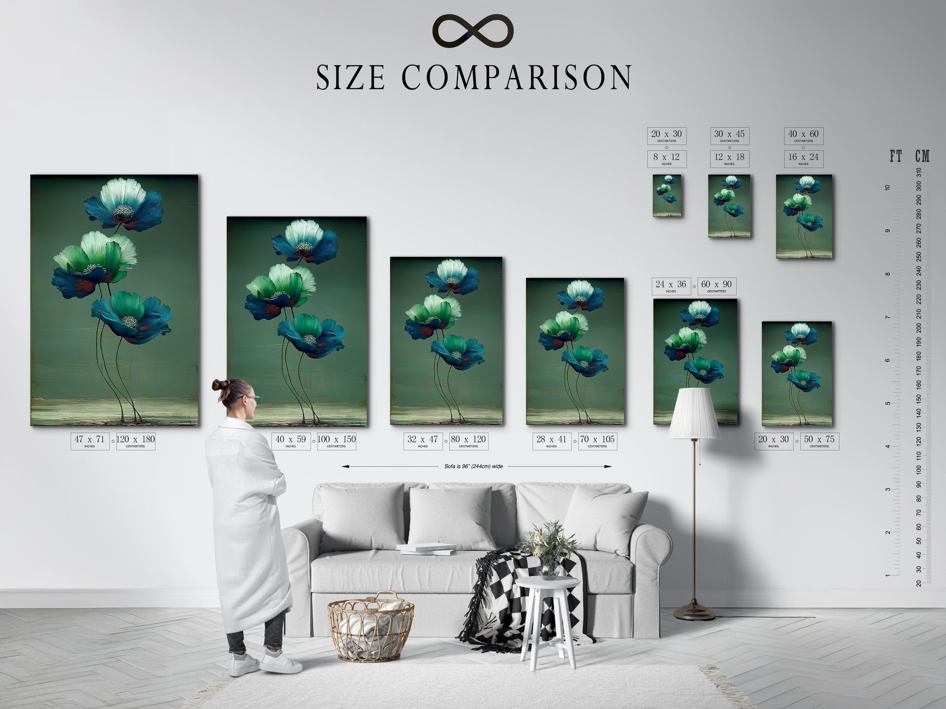 Our size comparison chart shows how our artwork fits in any room. Visualize floral canvas prints in your interior space. Discover botanical art that complements your modern decor. Find the perfect flower artwork to enhance your home.
