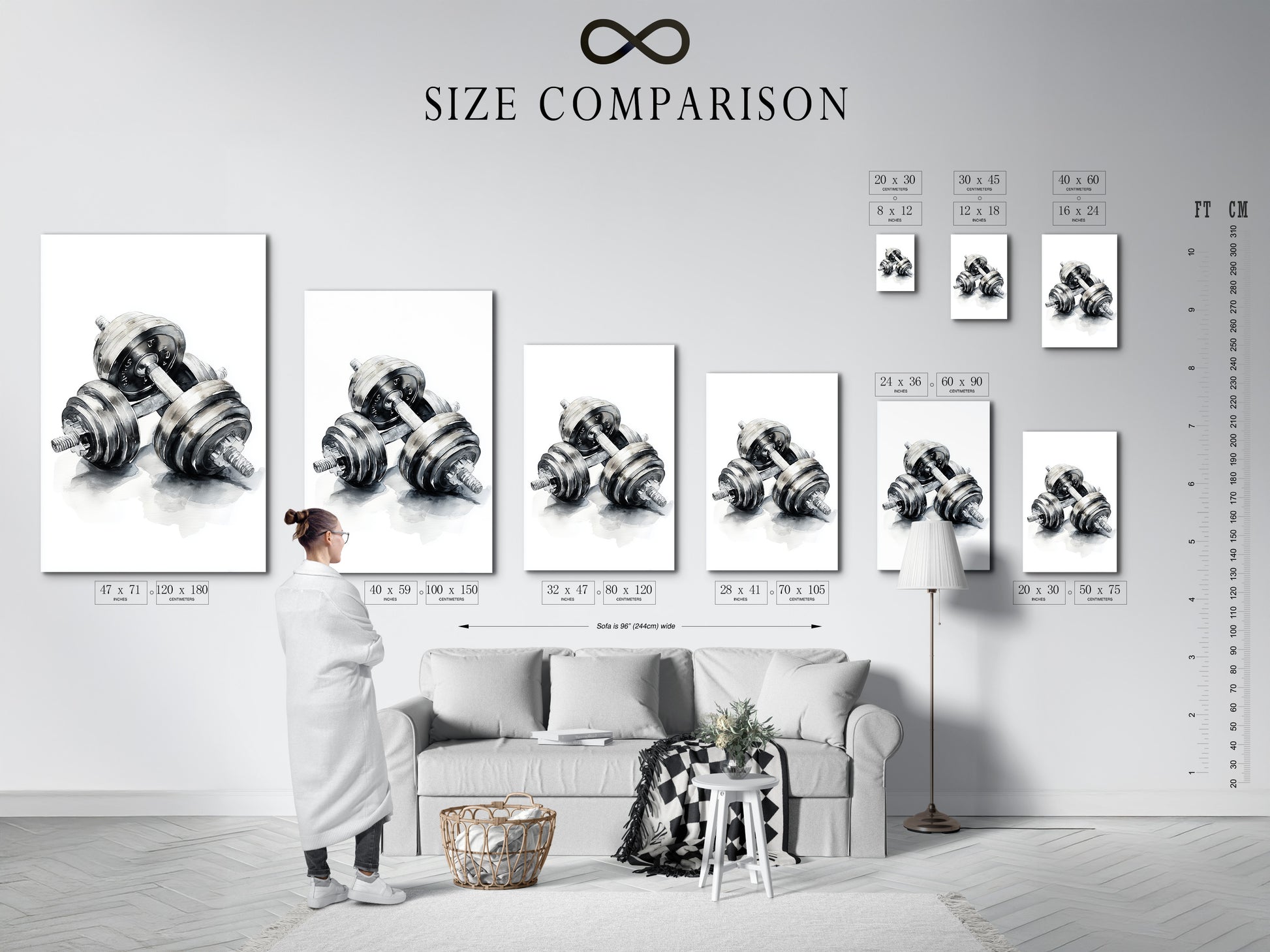 A size comparison chart displayed in an interior setting. See how different sizes fit your space. Use this chart to choose the perfect artwork size. Get the right dimensions for your artwork.