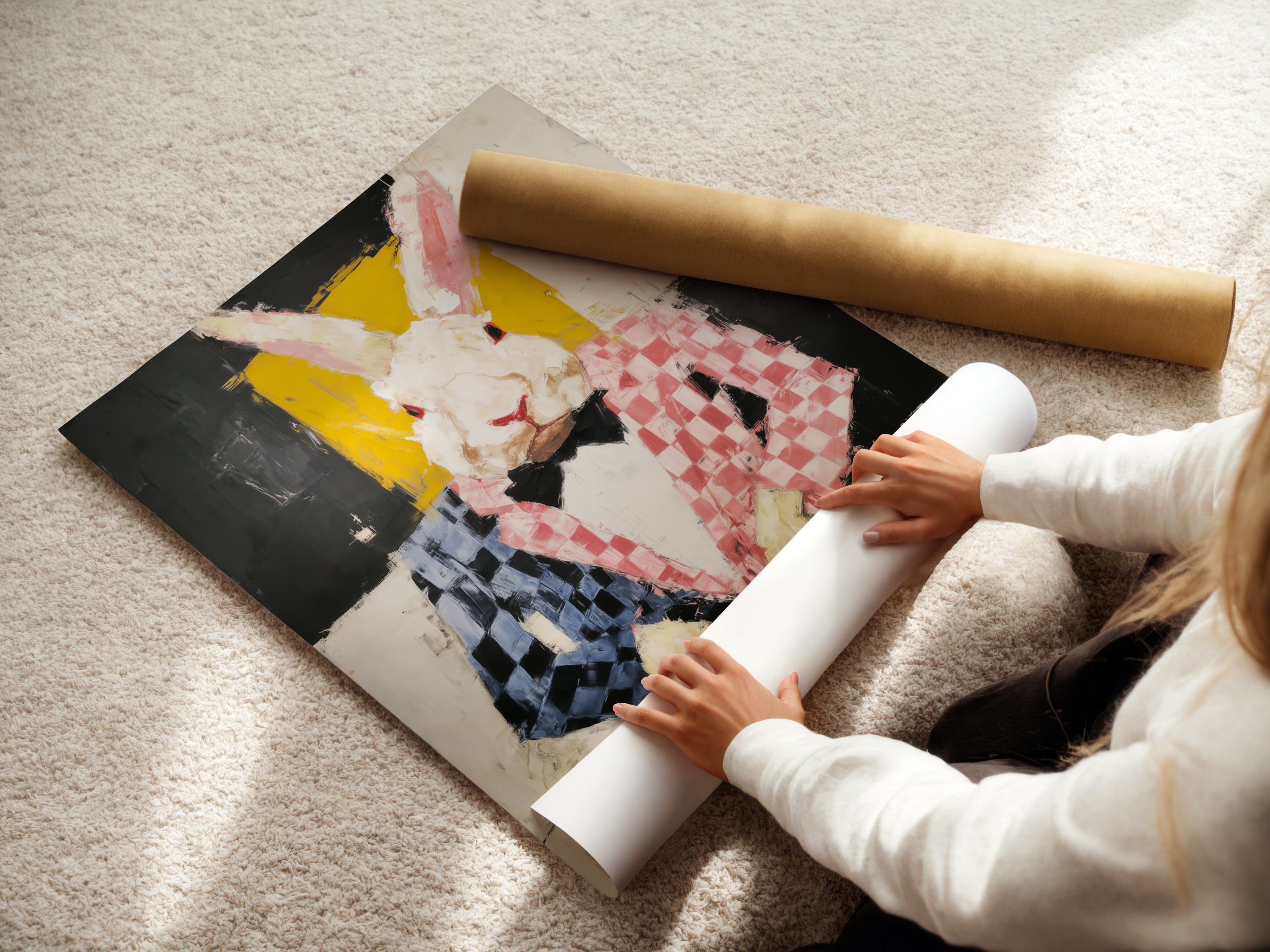 A woman is carefully rolling a fine art poster paper featuring the rabbit pianist artwork. This whimsical animal art is perfect for art enthusiasts. The fine art poster paper ensures high-quality print. Ideal for adding abstract music wall art to your collection. The colorful bunny artwork brings a playful touch to any room.