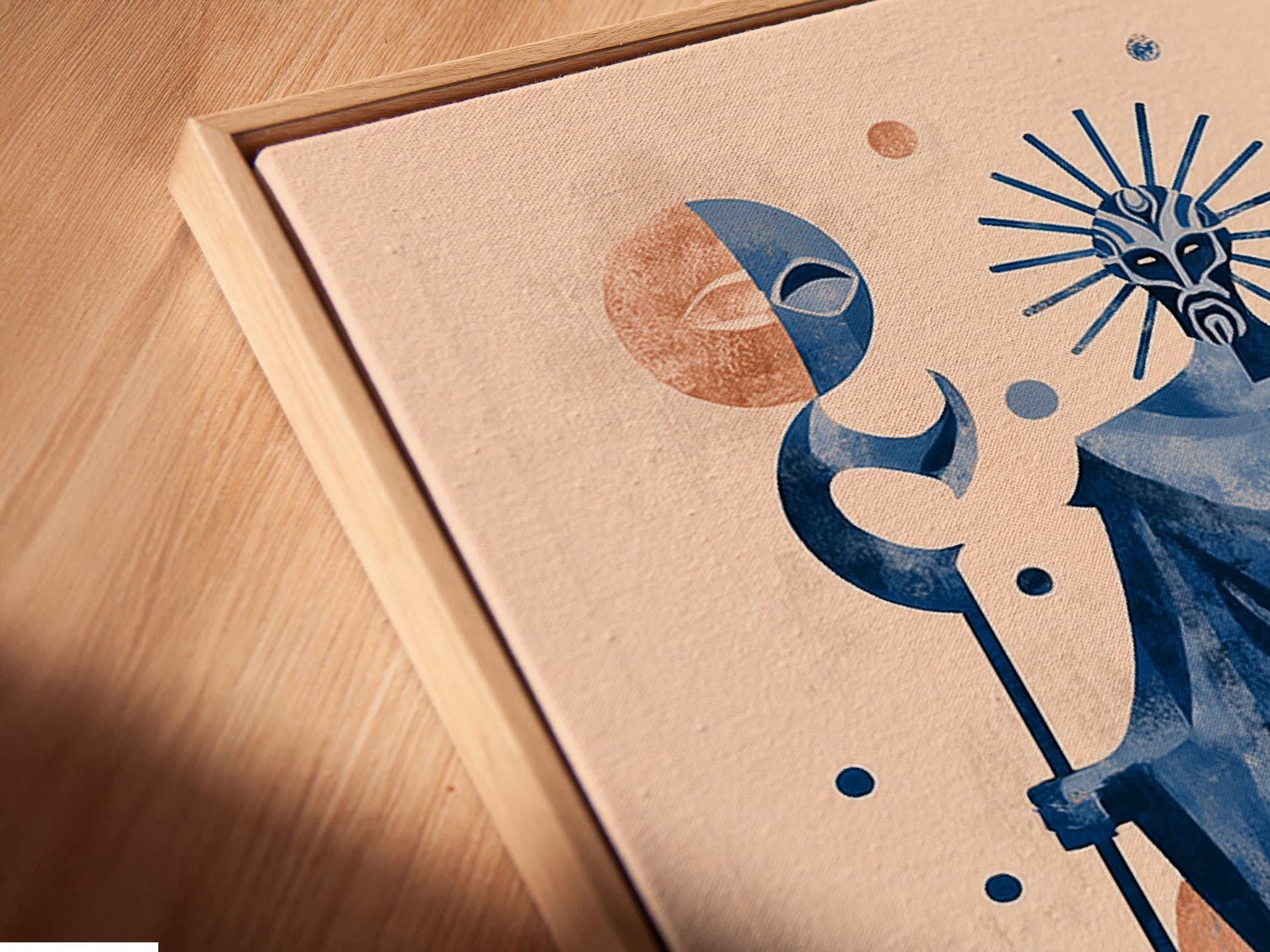 A close-up angled view of a canvas print in a floating frame. The mystical tarot art is visible. The artwork is a blend of celestial blue and sage. This bohemian spiritual piece enhances any space.