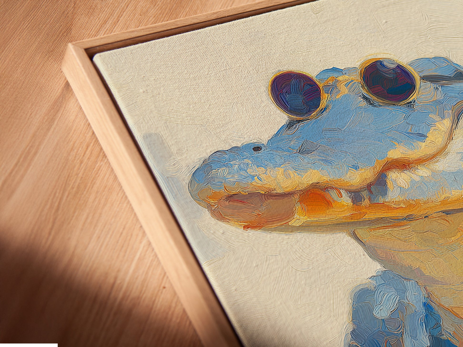 A close-up angled view shows a canvas print in a floating frame. The frame creates a unique shadow effect. It gives the illusion that the artwork is floating. This modern framing style adds depth and dimension to any art piece.