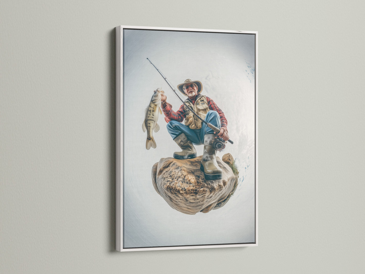 A striking artwork of a fisherman is elegantly showcased in a white frame. The white frame accentuates the artwork's vibrant colors. It brings a touch of modern sophistication to your decor. Order now and transform your space!