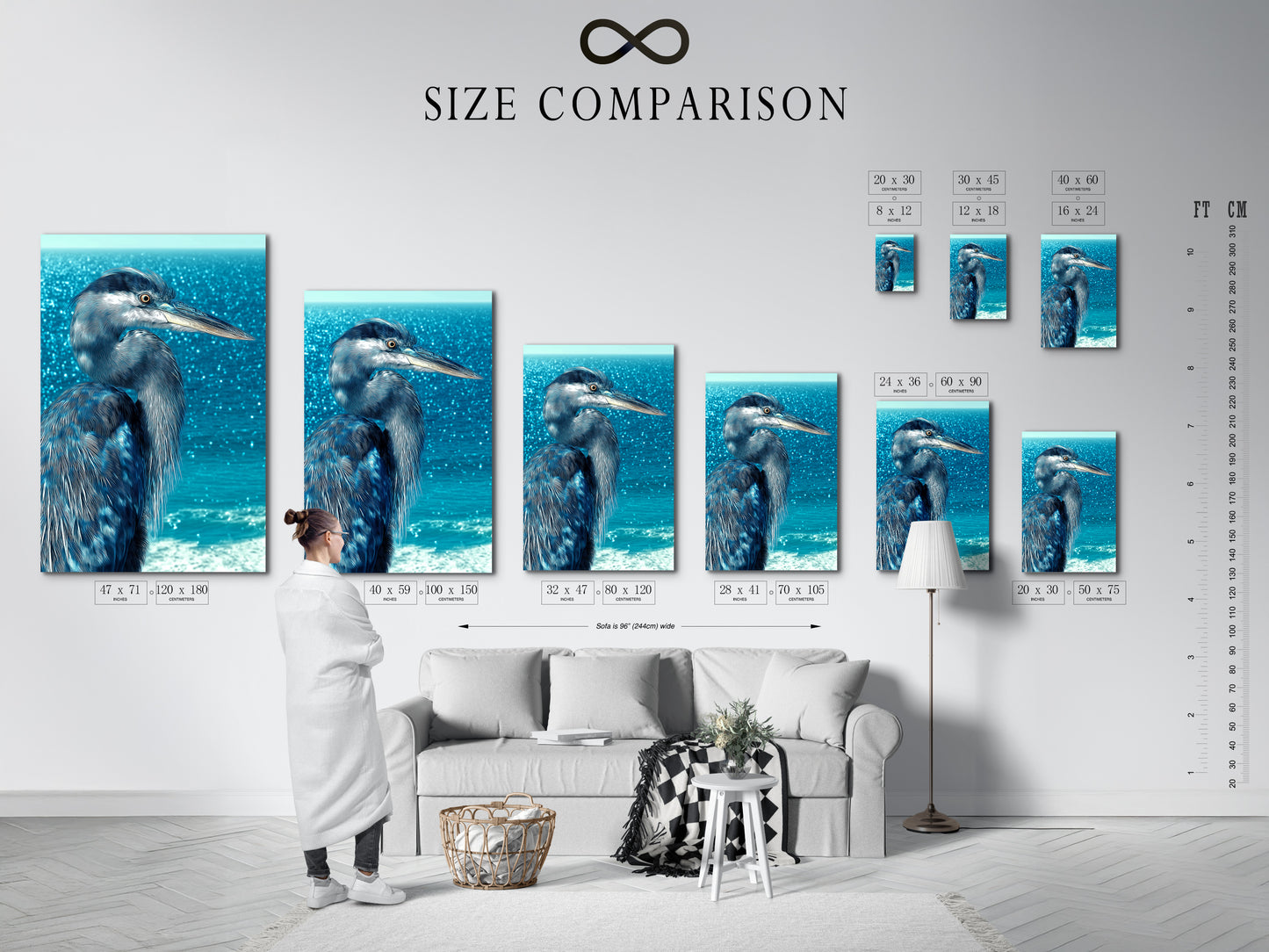 A size comparison chart displays heron artwork in an interior. Visualize the perfect size for your space. Consider this piece for living room wall art or bedroom wall decor. Find the ideal fit for your coastal decor.
