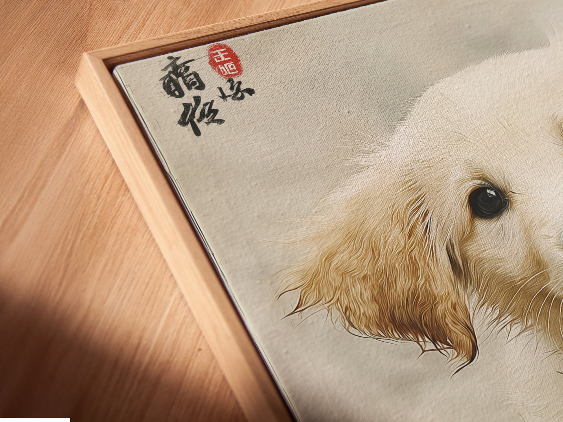 A close-up angled view of a canvas print in a floating frame. The golden retriever puppy artwork is beautifully showcased. This framing style adds depth and sophistication to the piece. Perfect for modern wall decor it enhances any living space with its contemporary style.