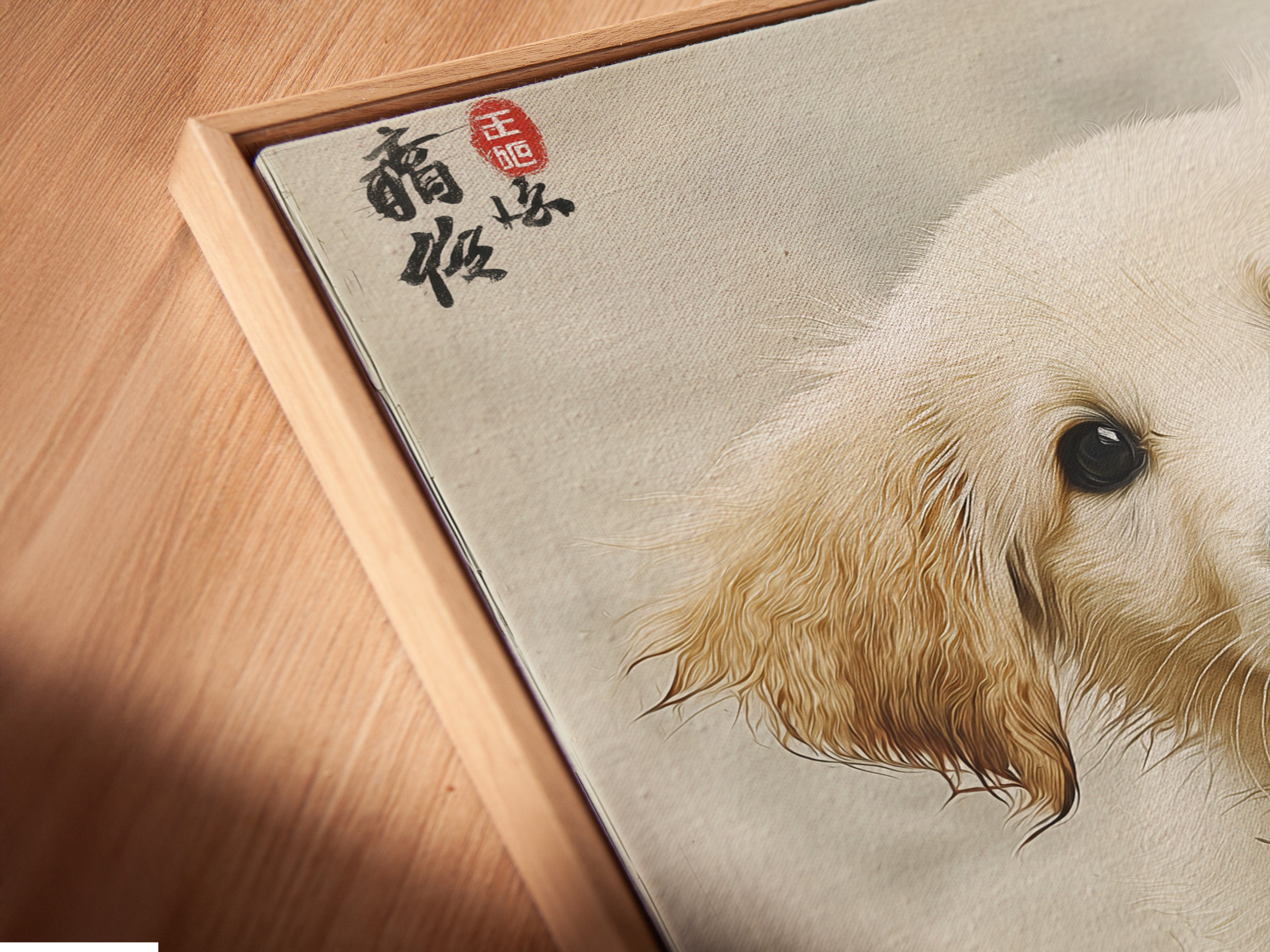 A close-up angled view of a canvas print in a floating frame. The golden retriever puppy artwork is beautifully showcased. This framing style adds depth and sophistication to the piece. Perfect for modern wall decor it enhances any living space with its contemporary style.
