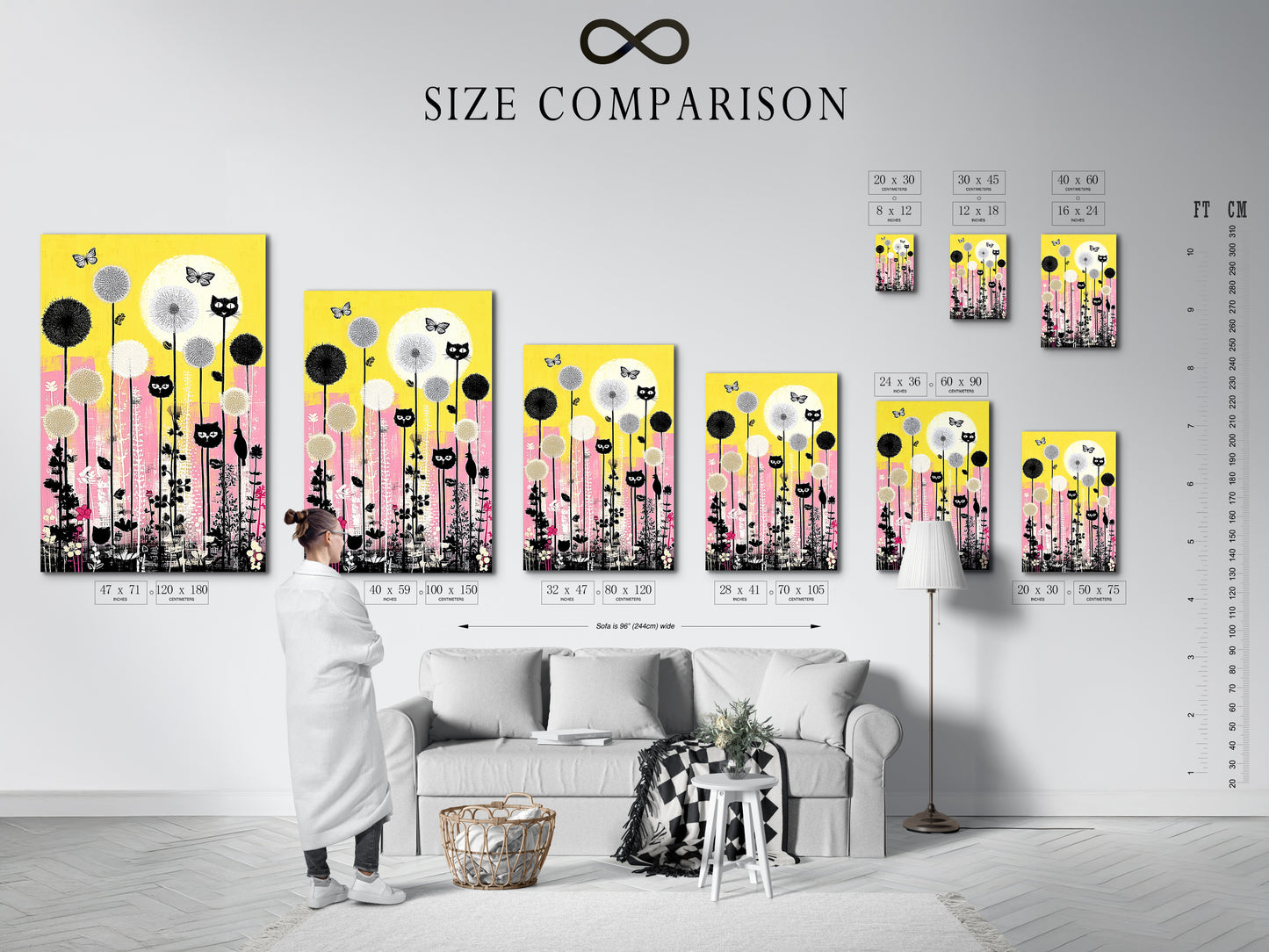 A size comparison chart is shown in an interior setting for the cat garden artwork. This playful feline poster features yellow and pink floral elements. This chart helps visualize the perfect size for kids room decor. Choose the ideal dimensions for your space.