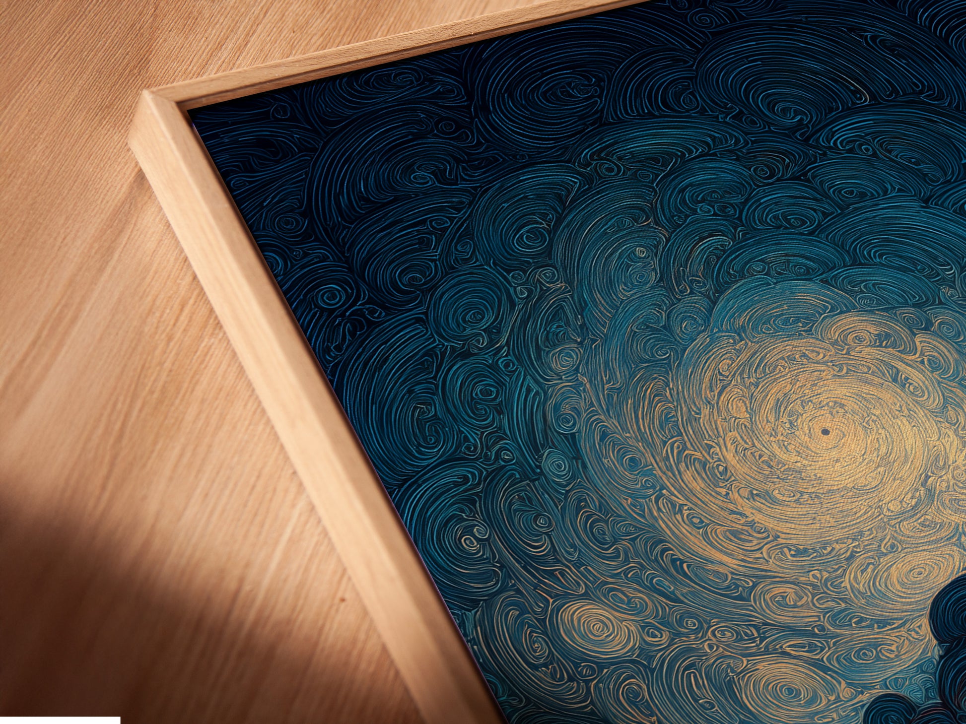 Angled close-up of the Swirling Sky canvas print in a floating frame. The floating frame gives the artwork a modern look. This print captures the essence of a dramatic swirling sky over a cityscape. The frame enhances the art's depth. It is a stylish choice for any interior.