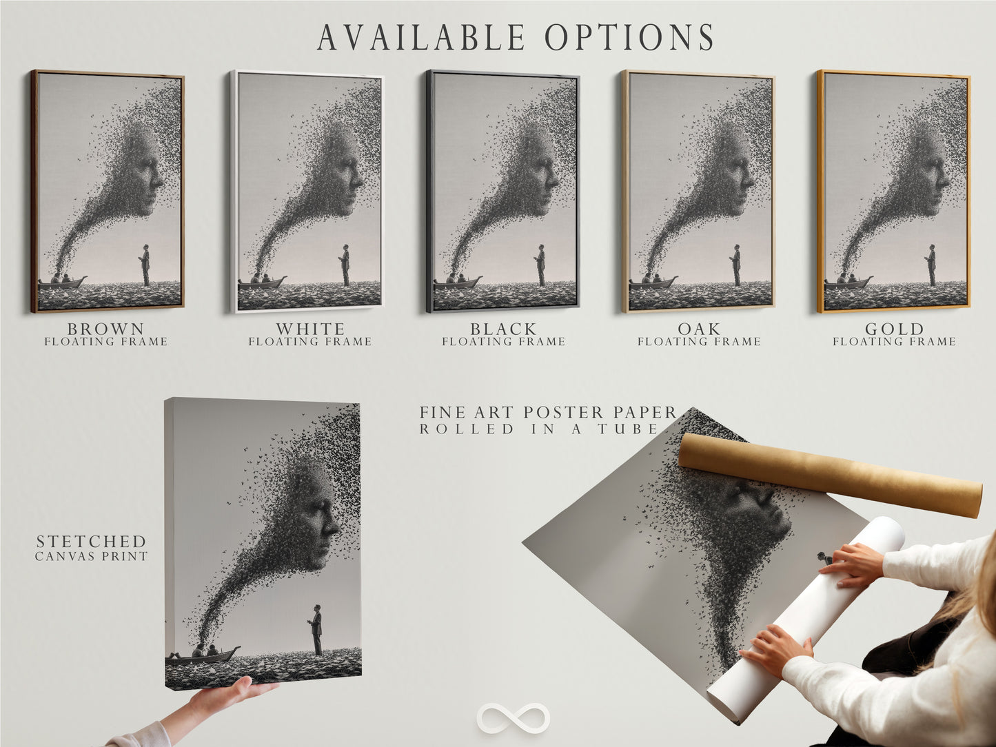 Available options are displayed. These include a stretched canvas print. Fine art poster paper is also featured. A floating frame completes the selection. Choose the perfect format for your artwork. Each option offers a unique way to showcase your favorite pieces. Explore all our available options today.