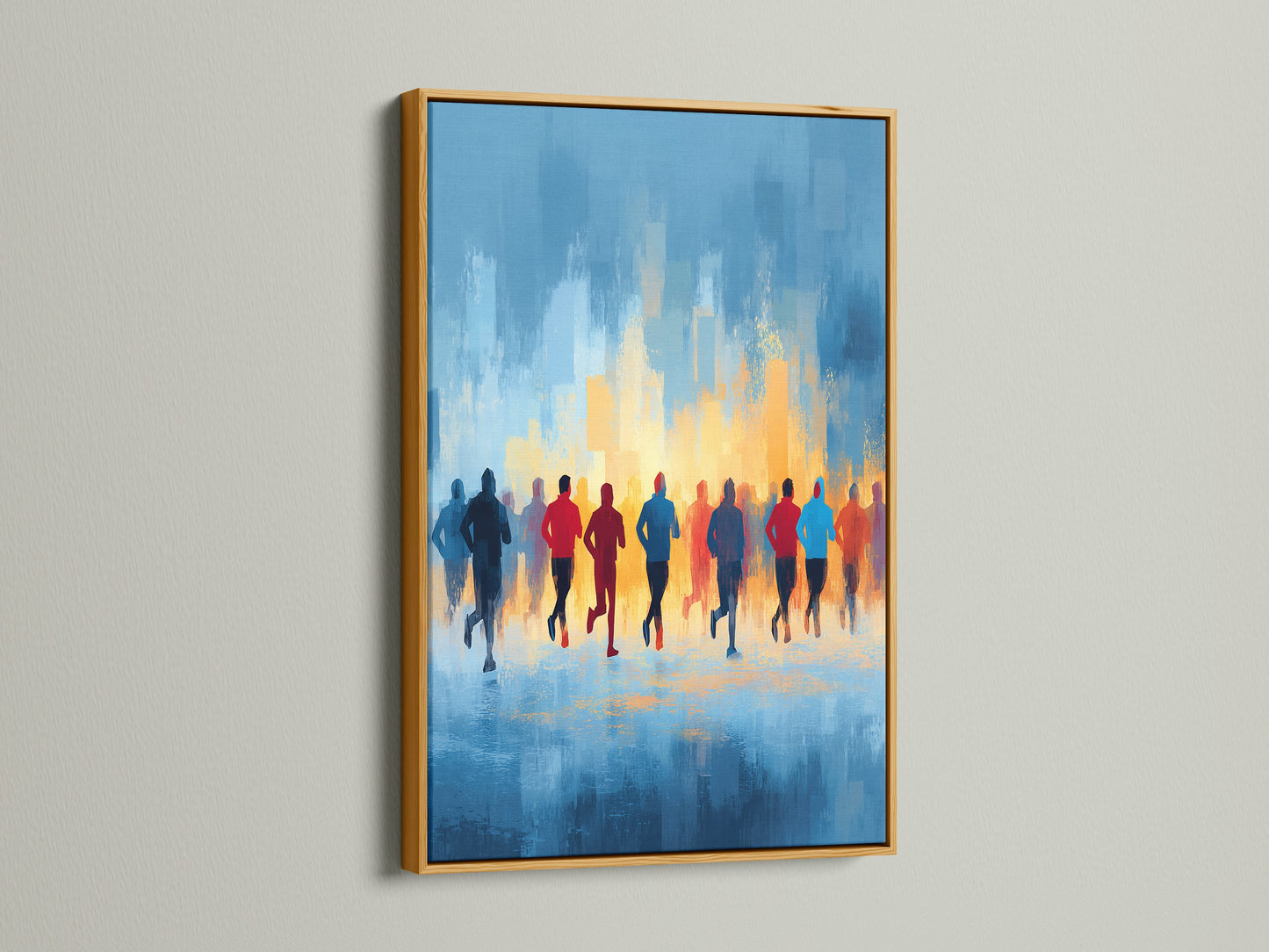 Contemporary sports wall art of marathon runners in a luxurious gold frame. The blue and orange hues create a vibrant and motivational piece. Ideal for fitness studios or a home gym. Bring a touch of elegance and inspiration to your walls with this unique artwork.