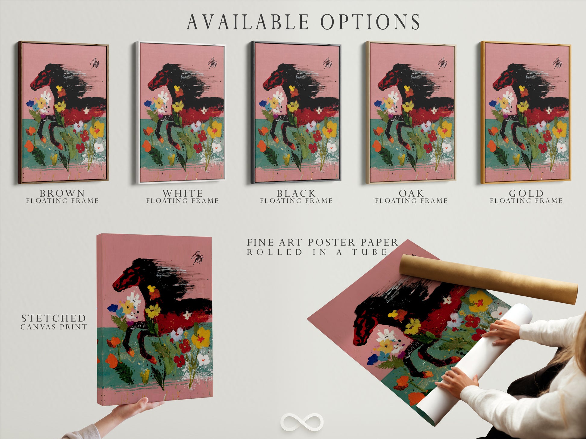 Available options for Wild Horse Canvas Art are showcased including stretched canvas print fine art poster paper and floating frame. Choose the perfect format to suit your style and decor needs. Enhance your space with this colorful equestrian wall art today.