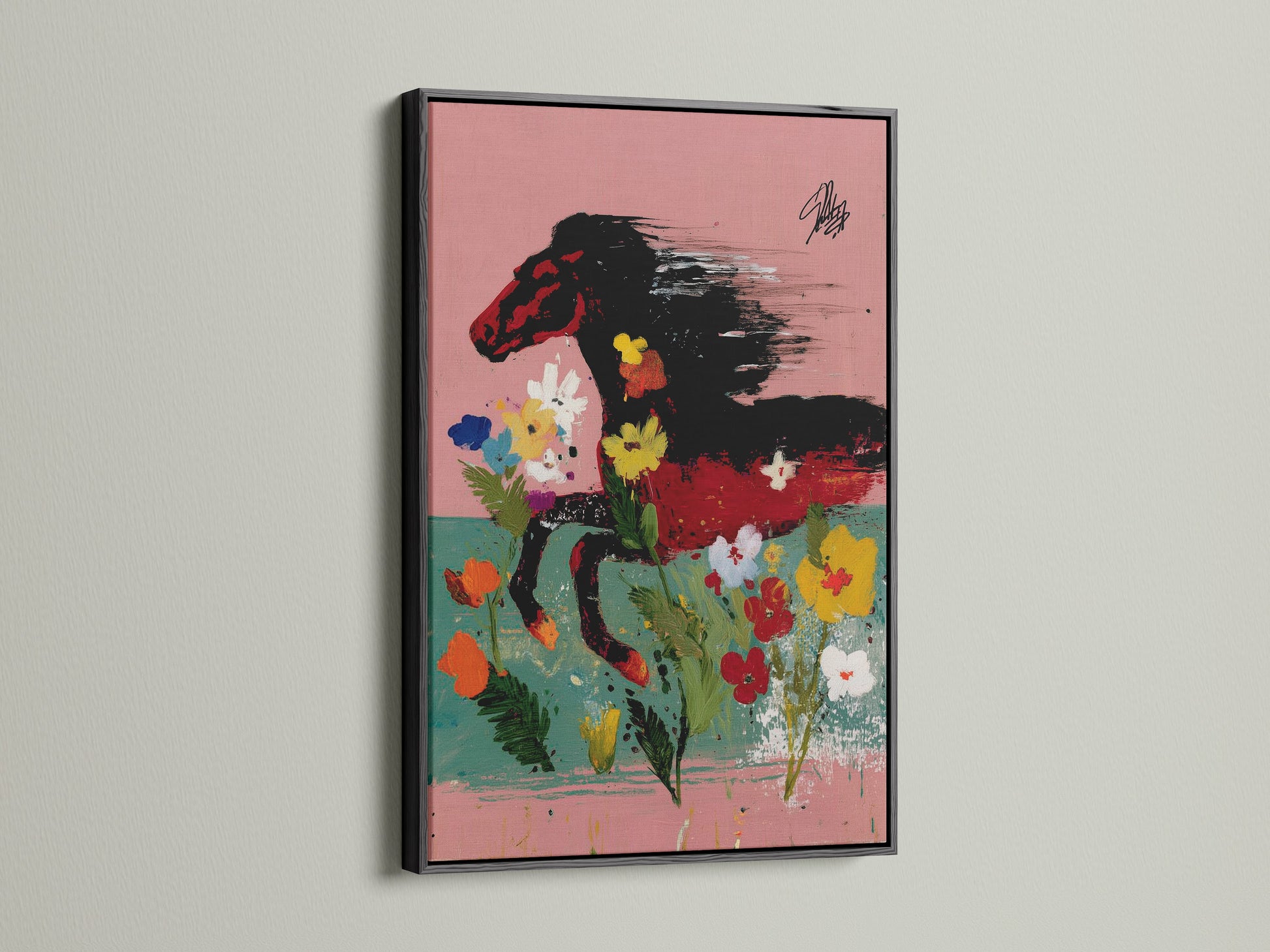 Wild Horse Canvas Art presented in a sleek black frame. The abstract animal art makes a bold statement in any room. Add a touch of equestrian elegance to your home decor. This horse artwork is perfect for those seeking unique wall accents.