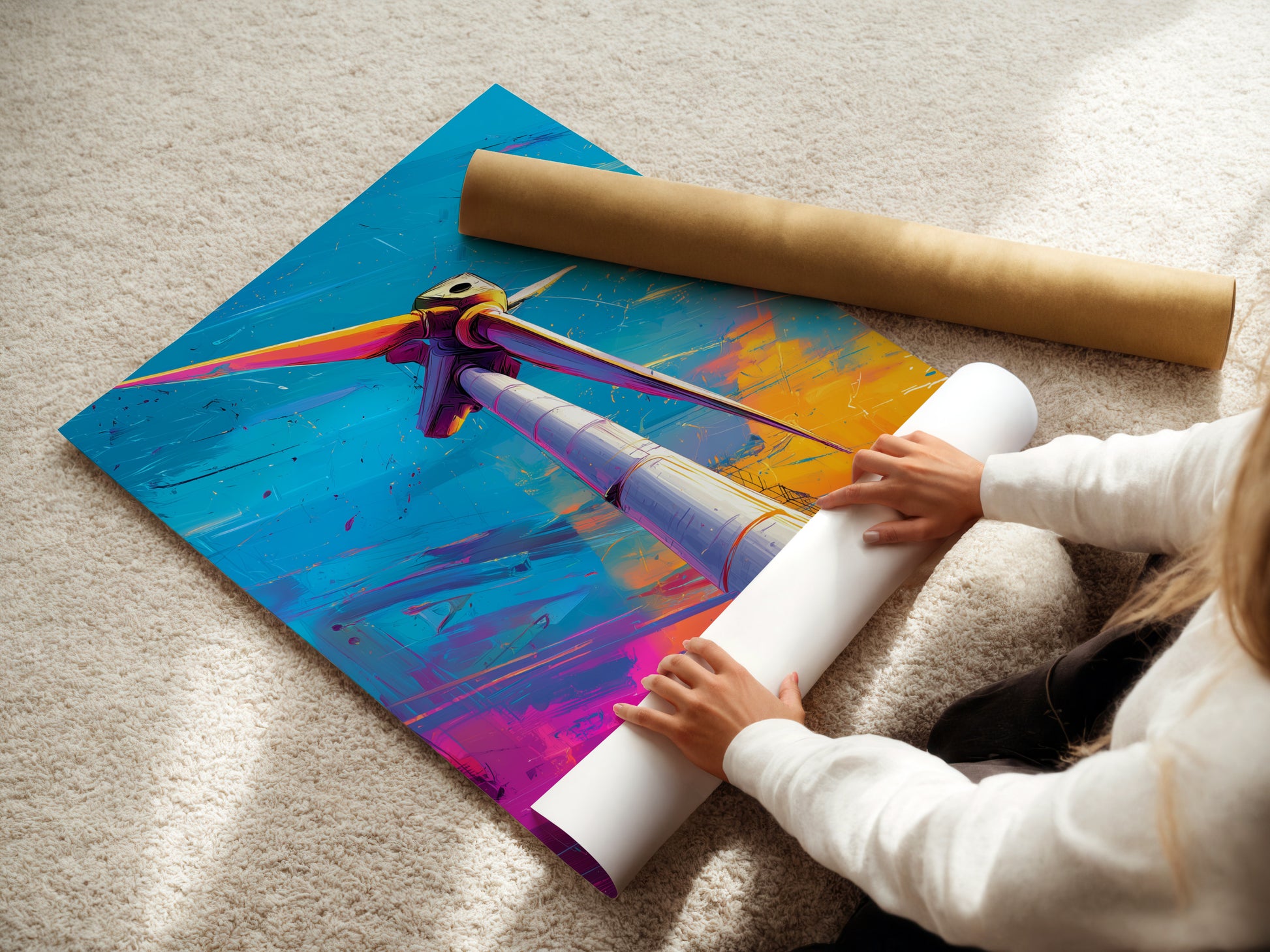 A woman carefully rolls a fine art poster paper. The high-quality paper ensures vibrant colors and sharp details. This archival paper is ideal for preserving your cherished artwork. Create lasting impressions with fine art prints.