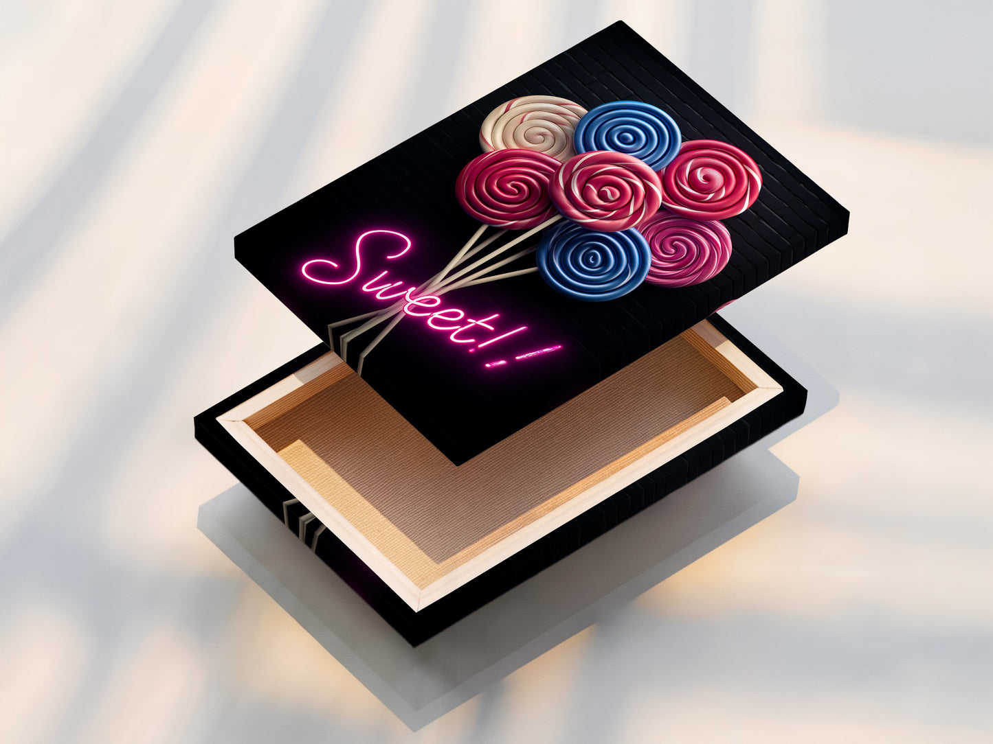 A stretched canvas print of the Lollipop Candy Artwork is displayed. The pink and blue colors are vibrant. The canvas adds texture and depth to the image. Perfect for modern wall art. It is a sweet treat for any room.