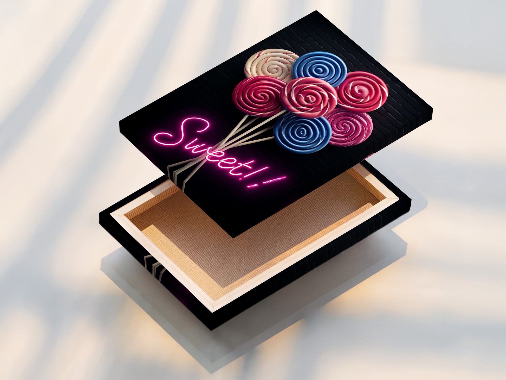 A stretched canvas print of the Lollipop Candy Artwork is displayed. The pink and blue colors are vibrant. The canvas adds texture and depth to the image. Perfect for modern wall art. It is a sweet treat for any room.