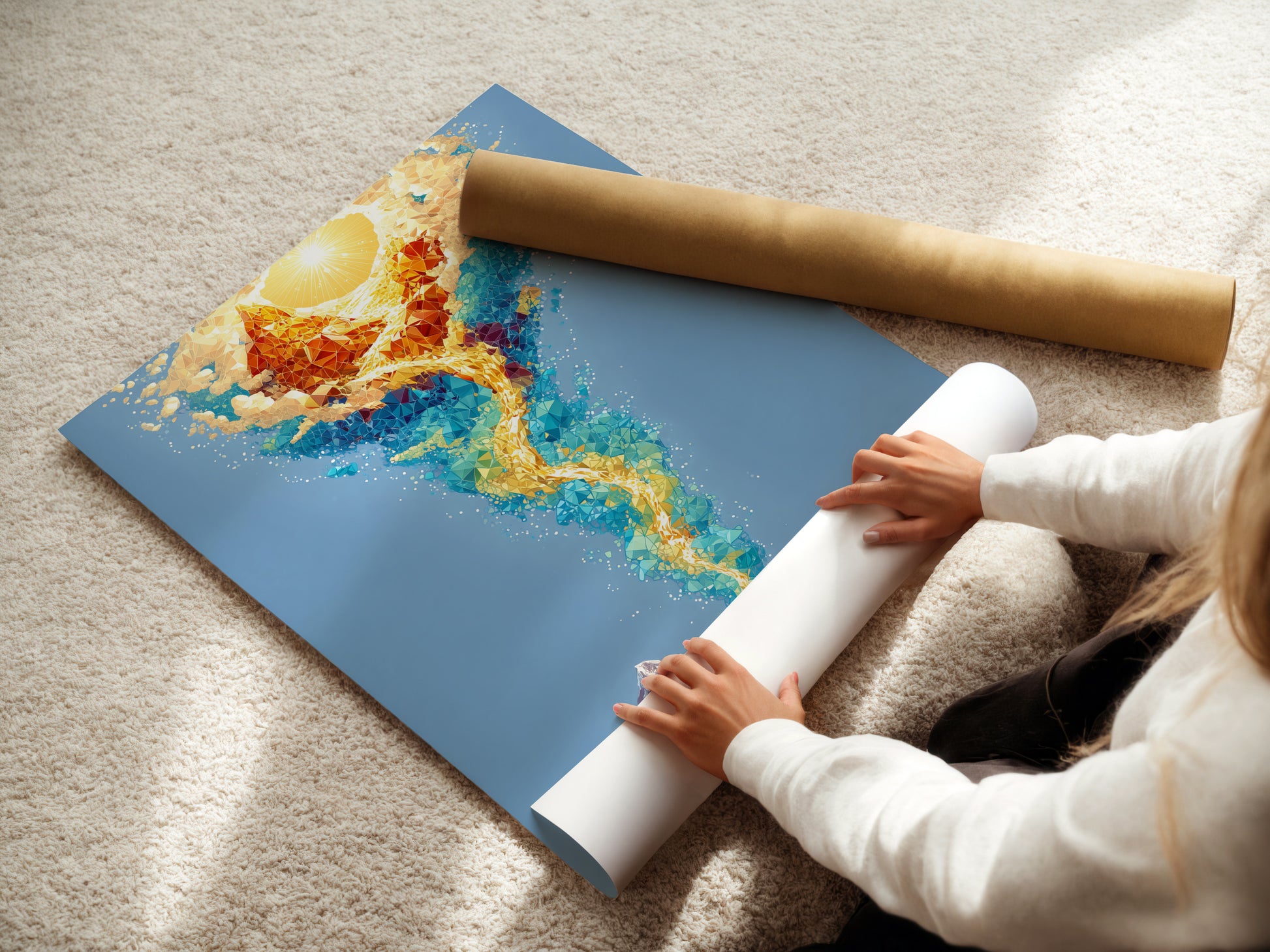 A woman carefully rolls a fine art poster paper. This highlights the care in production. The poster features abstract spiritual artwork. Perfect for adding a touch of zen to your meditation room decor.