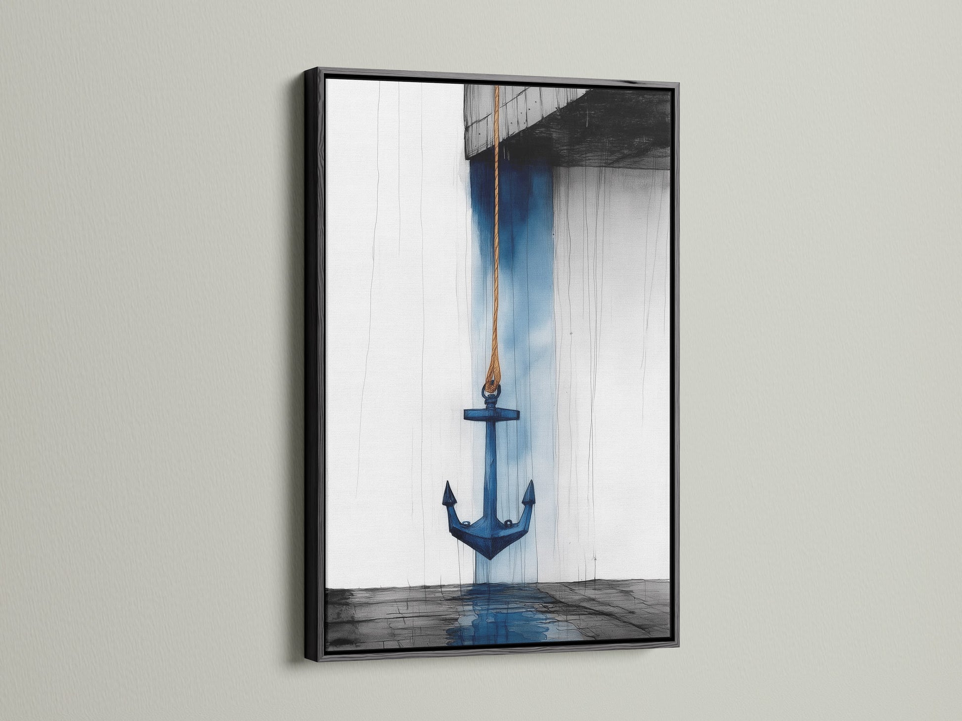 Anchor nautical artwork in a black frame. This navy blue coastal artwork adds sophistication to any wall. Homeowners renters and designers will appreciate its versatility. Ideal for bathroom living room bedroom or home offices. Experience the beauty of sea decor today.