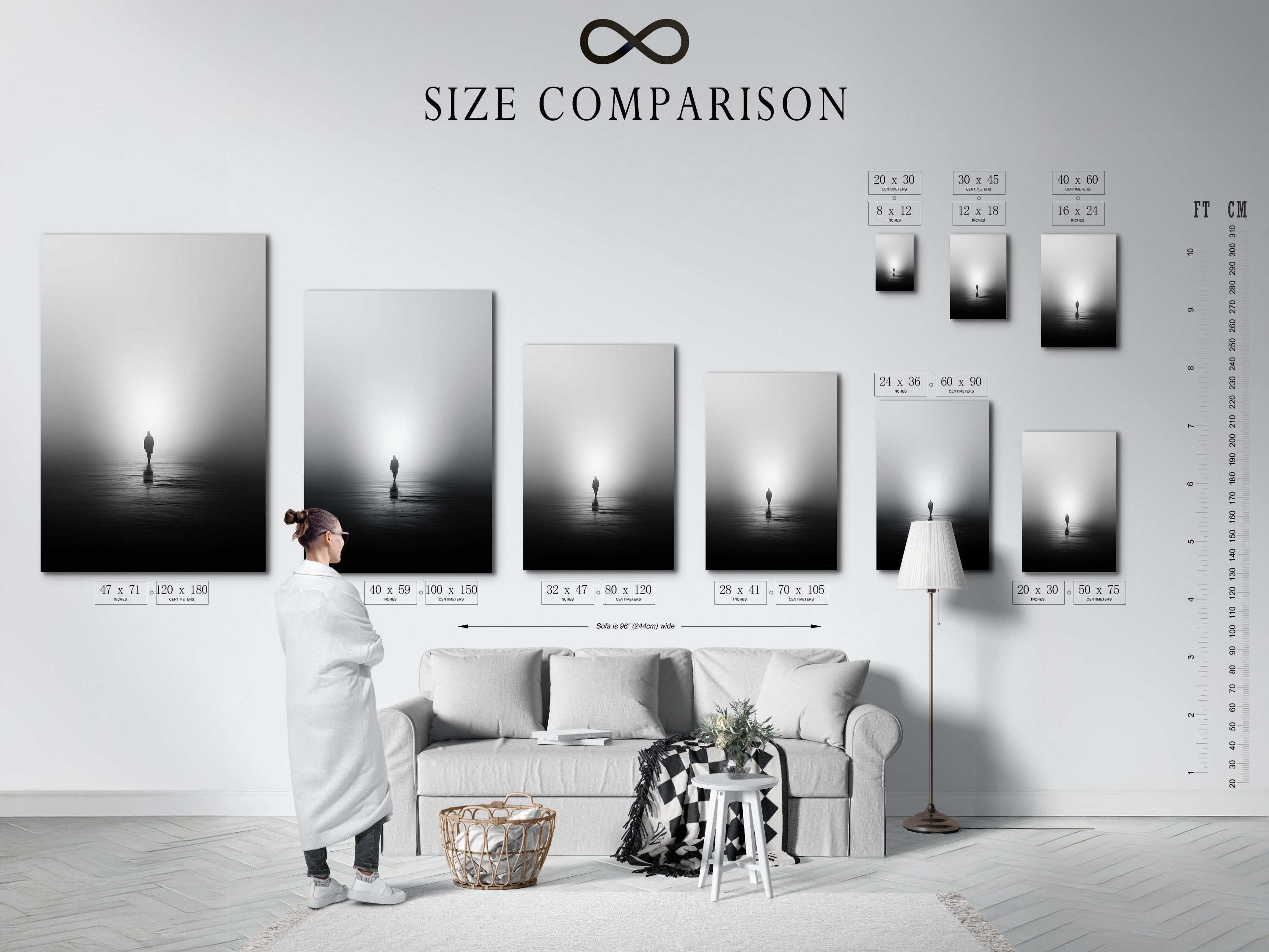 The size comparison chart shows this artwork in an interior setting. It displays the minimalist solitude canvas print. The foggy water reflection is visible. Choose the perfect size for your space.