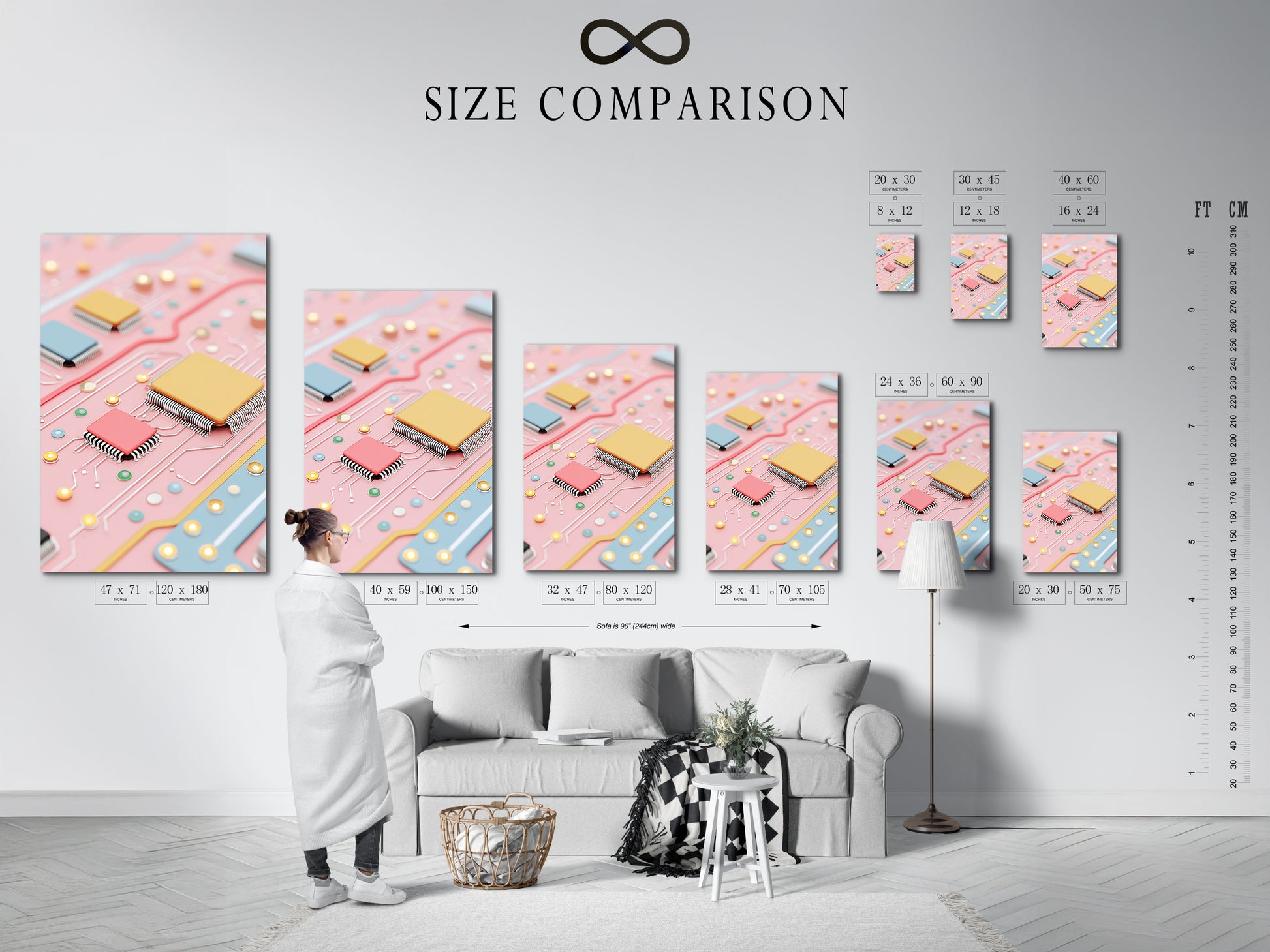 Size comparison chart displayed in an interior setting. Featuring circuit board art prints. Visualize the perfect fit for your space with this tech wall decor. Available in stretched canvas fine art poster and floating frames.