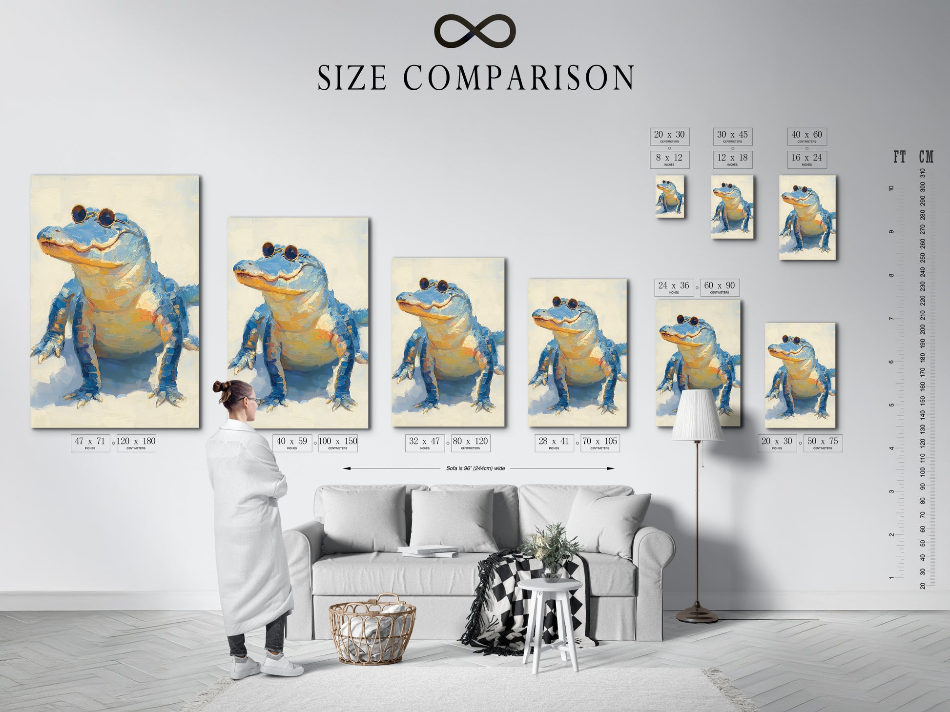 Size comparison chart in an interior setting featuring cool alligator artwork. Use this whimsical animal wall art as quirky wildlife poster. Check out sizes to find the perfect fit for your space.