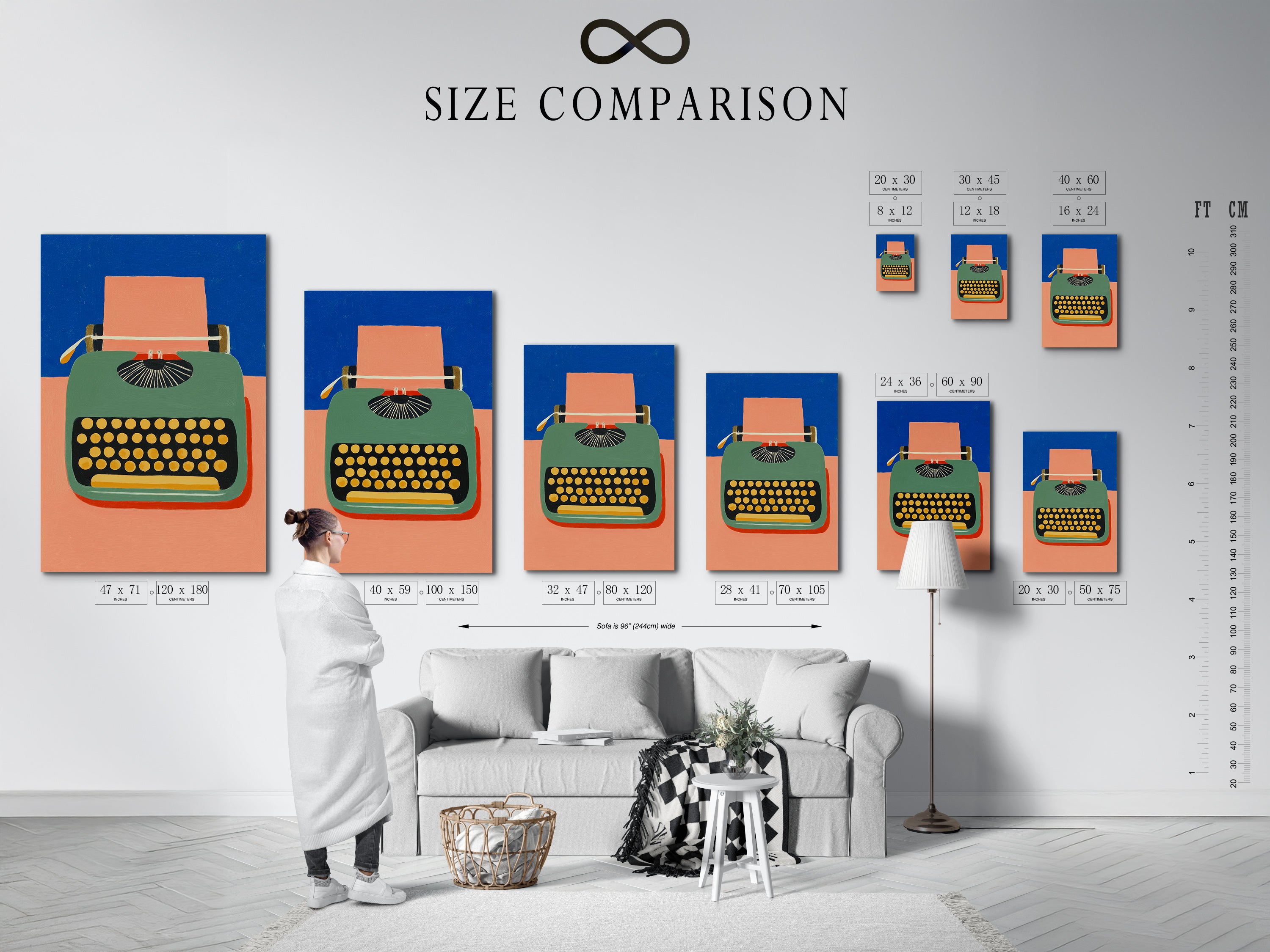 A size comparison chart displayed in an interior setting. See how our typewriter art fits in different spaces. Choose the perfect size for your home office wall art. This chart helps you visualize the artwork in your study room. Find the ideal retro print for your needs.