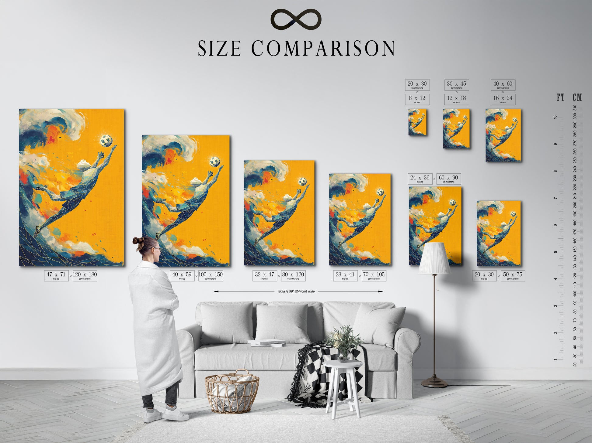 Size comparison chart of soccer art prints in an interior setting. Visualize the perfect fit for your space with our size options. This modern sports wall art is available in various sizes to suit your decor needs. Find the ideal size for your abstract football player canvas art.