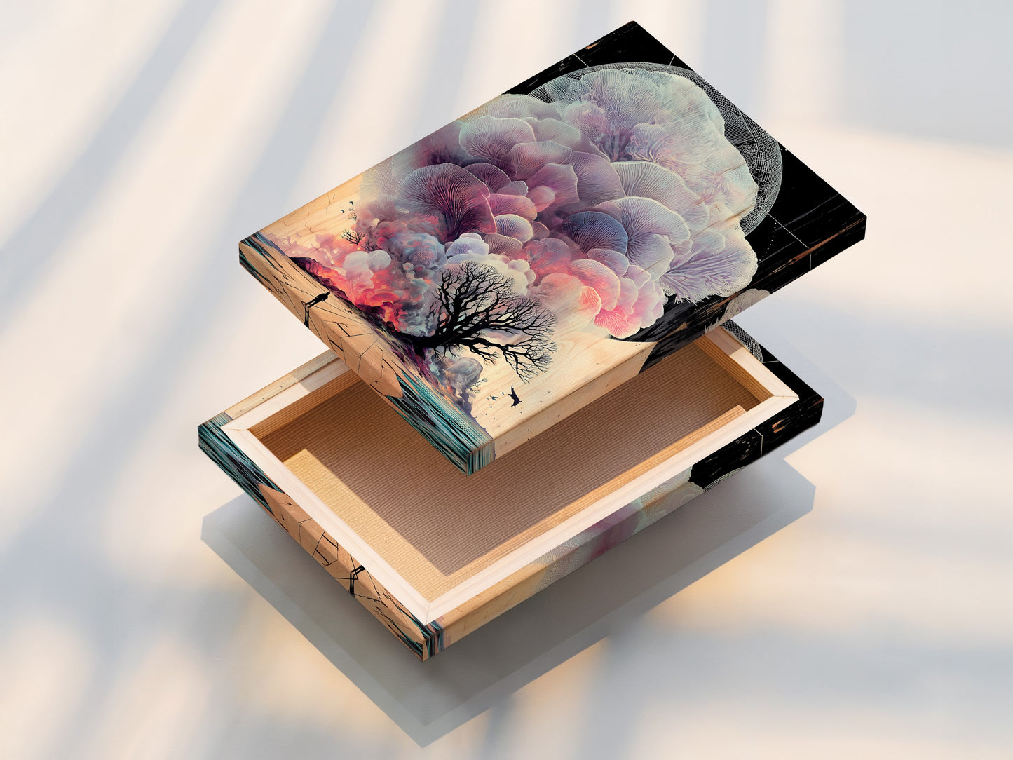 This is a stretched canvas print featuring a surreal landscape artwork. The art includes an ethereal tree and a solitary figure. The stretched canvas enhances the dreamy fantasy wall art. This piece is perfect for creating a tranquil atmosphere in any room. Ideal for meditation decor and modern home styles.