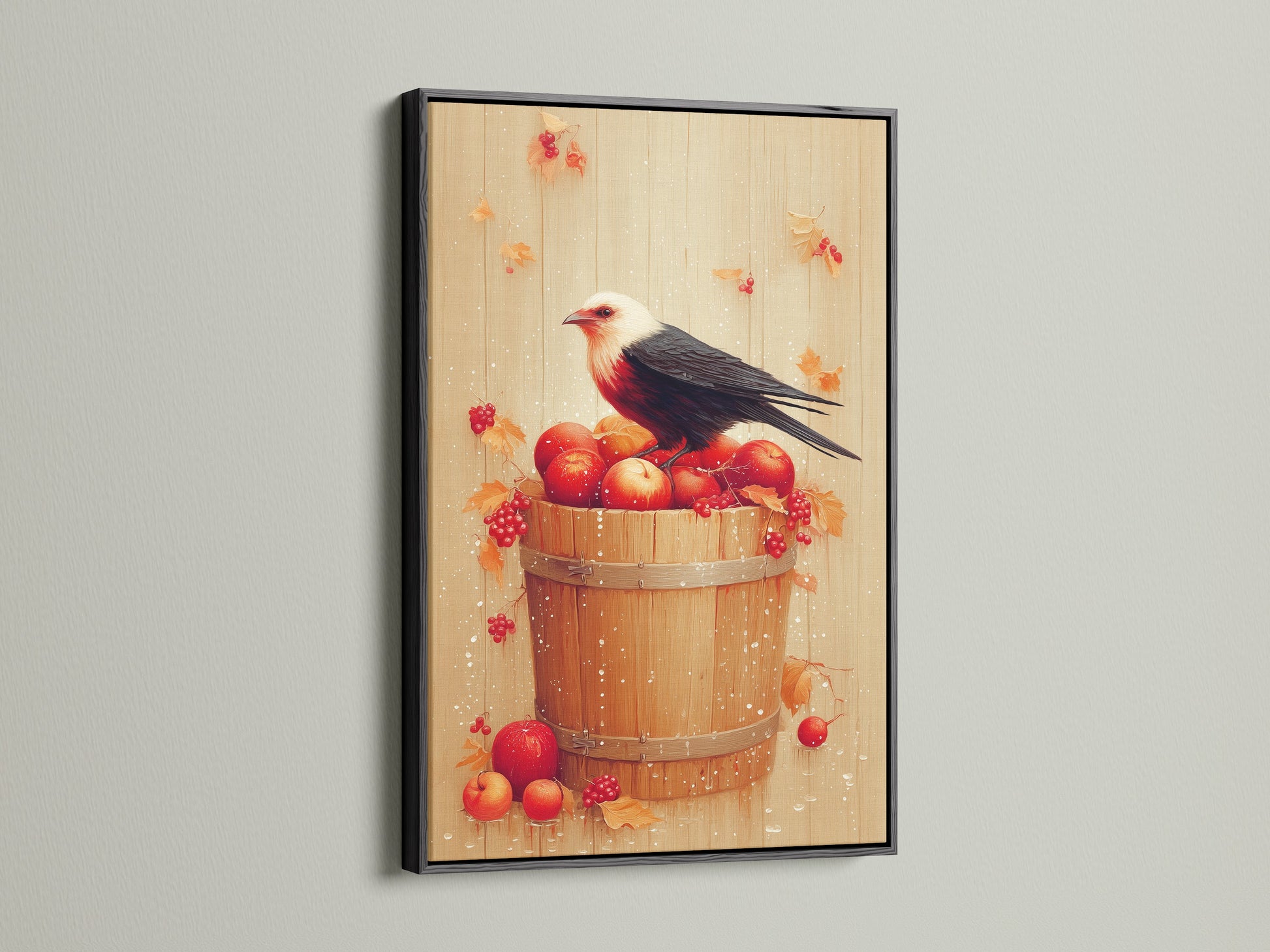 Bird and Apples canvas print with a black frame. This art adds a touch of sophistication to your space. The artwork is a rustic fall still life. It is an ideal piece for kitchen decor. The print showcases a bird perched on a bucket of red apples. The black frame creates a striking contrast.