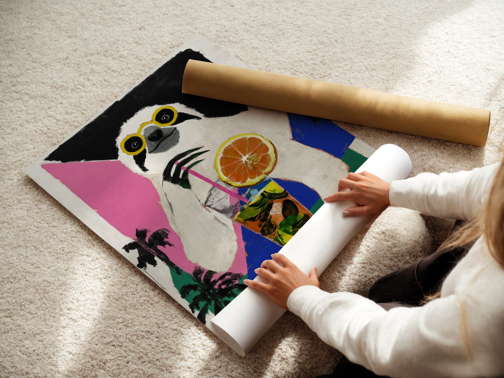 A woman is carefully rolling a fine art poster paper print. This Sloth Cocktail artwork is perfect for tropical animal art lovers. The fine art poster paper ensures a high-quality vibrant print. It is ready to frame and display.