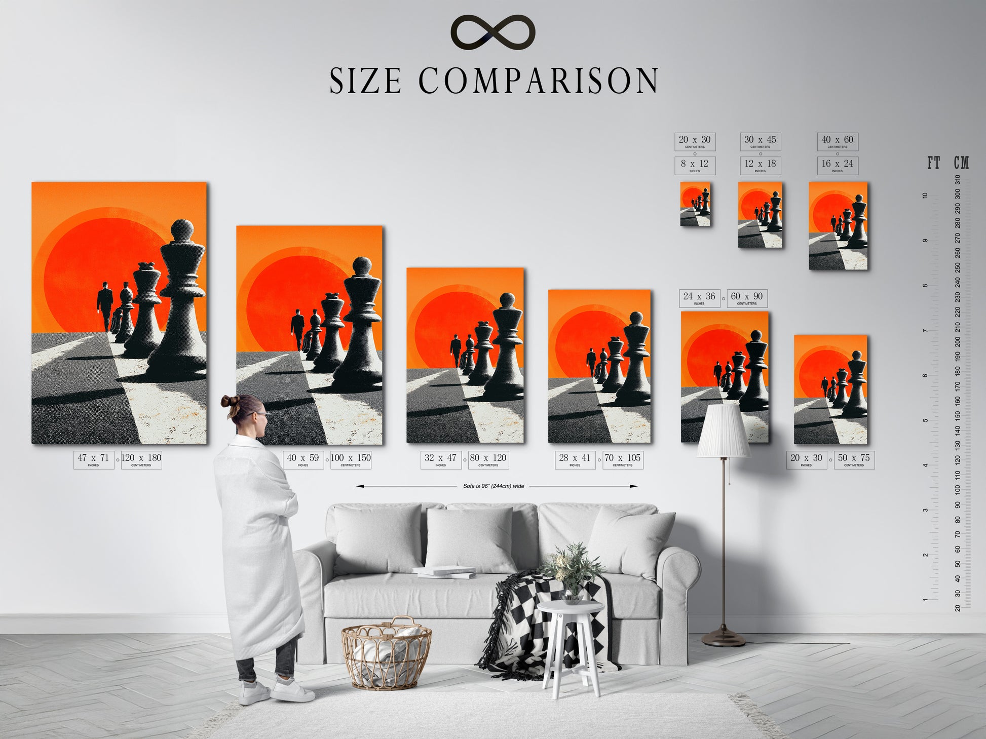 Size comparison chart in interior. This helps visualize the artwork's dimensions. See how different sizes fit in your space. It is perfect for planning your art arrangement. Choose the ideal size to enhance your decor. Get a sense of scale before purchasing.