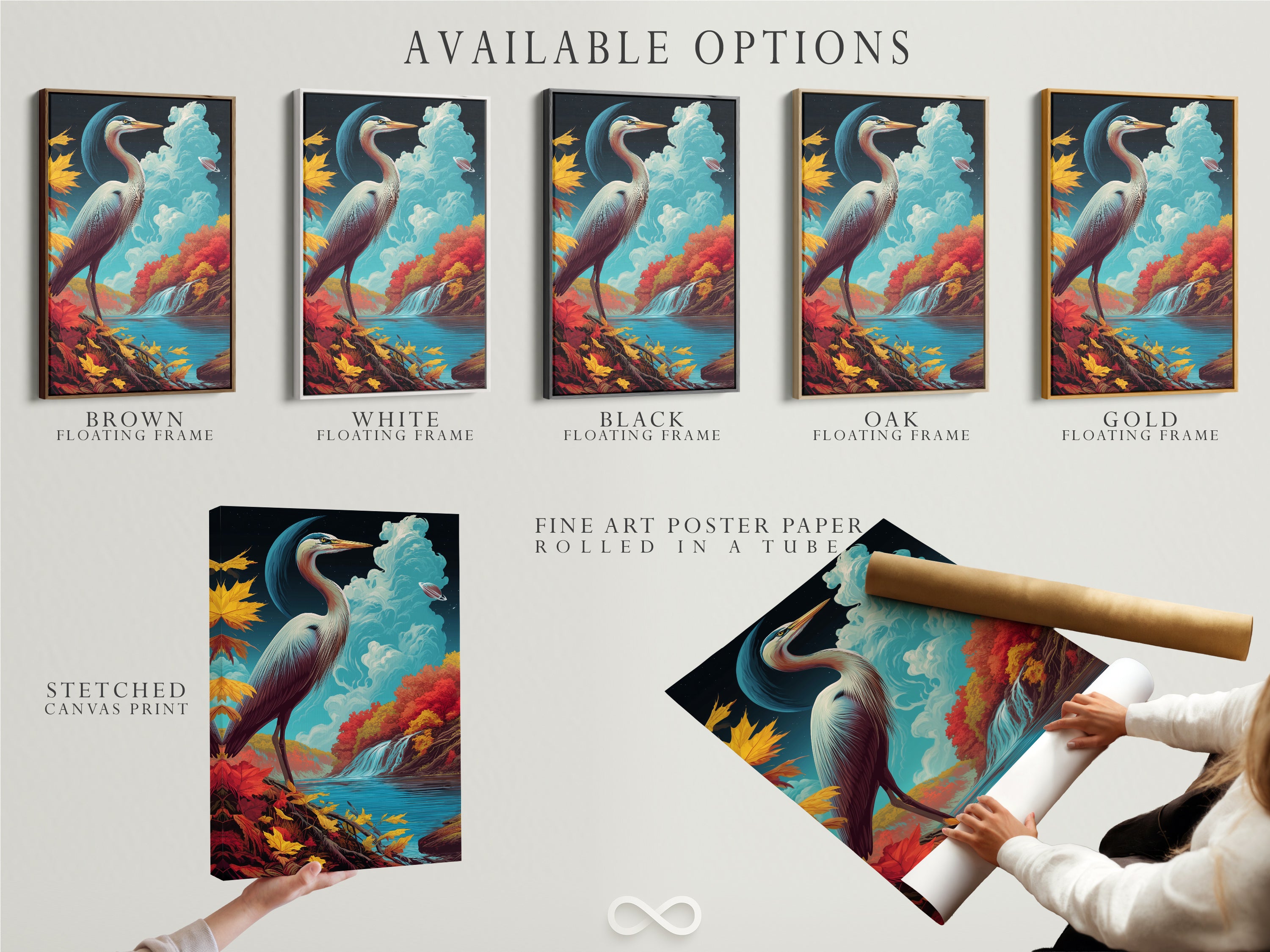 Explore available options for heron bird prints. Choose from stretched canvas floating frame or fine art poster paper. Customize your nature artwork to match your style and decor needs.