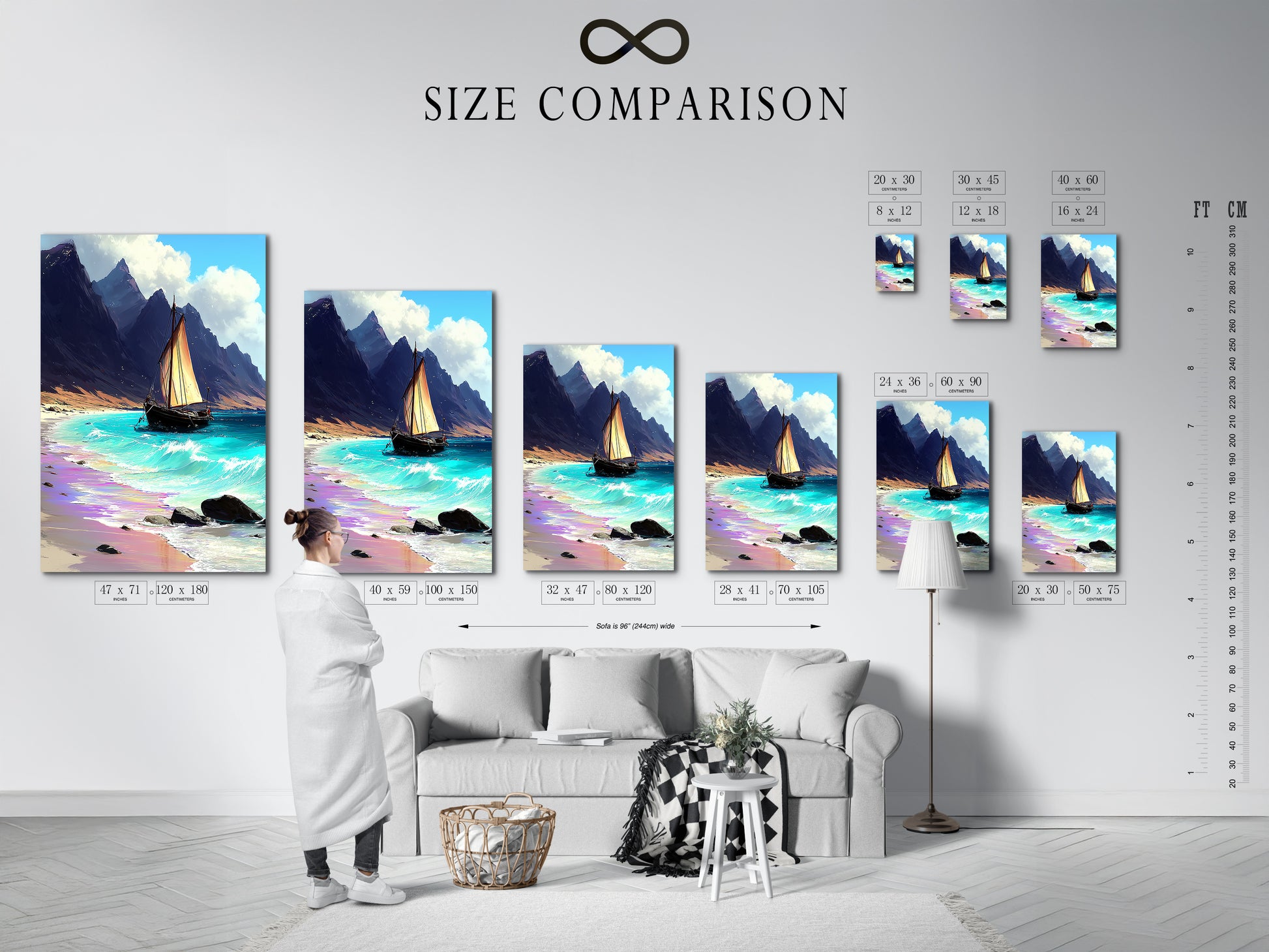 Size comparison chart in interior setting. Sailboat art is shown in a coastal print. The seascape canvas enhances nautical wall art. Teal artwork complements ocean view art. Beige wall art adds elegance.