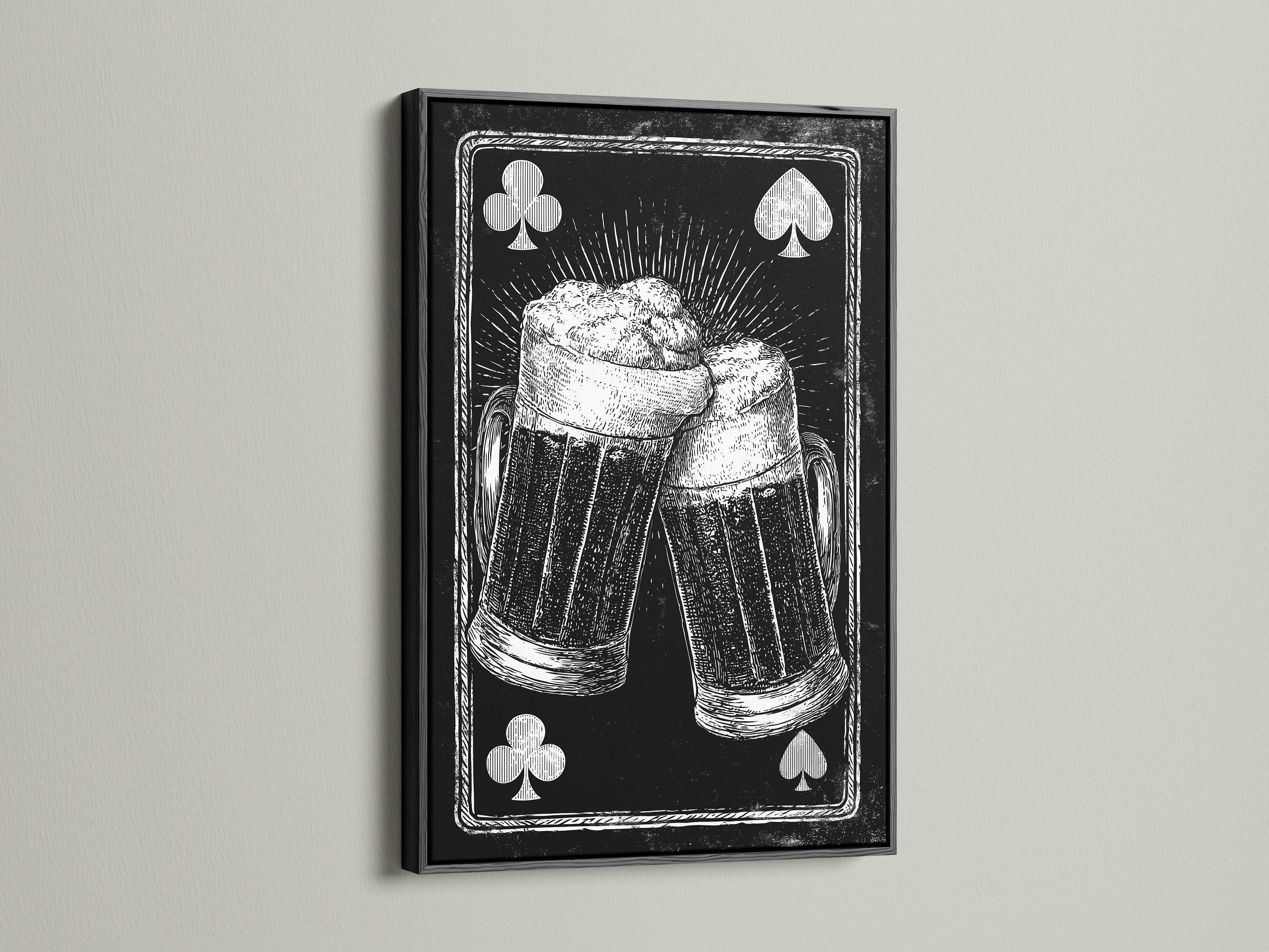 Framed artwork featuring a playing card beer mug art print. The artwork is framed in a black frame. The black frame adds a touch of sophistication. This makes the artwork pop. Ideal for a contemporary space.
