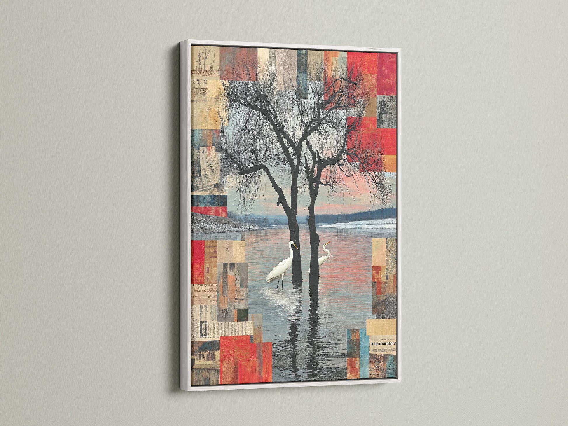 Crane Bird Abstract Lake Artwork with a white frame. This nature-inspired print brings a modern touch to any space. The white frame accentuates its serene qualities. Perfect as calming art for living rooms or offices.