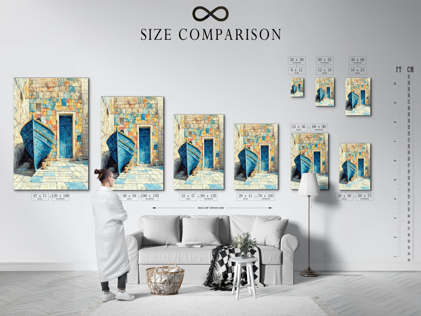 Size comparison chart displayed in an interior setting. Visualize how the Coastal Boat artwork fits in your space. Choose the perfect size for this Mediterranean wall art. Nautical decor complements any room.